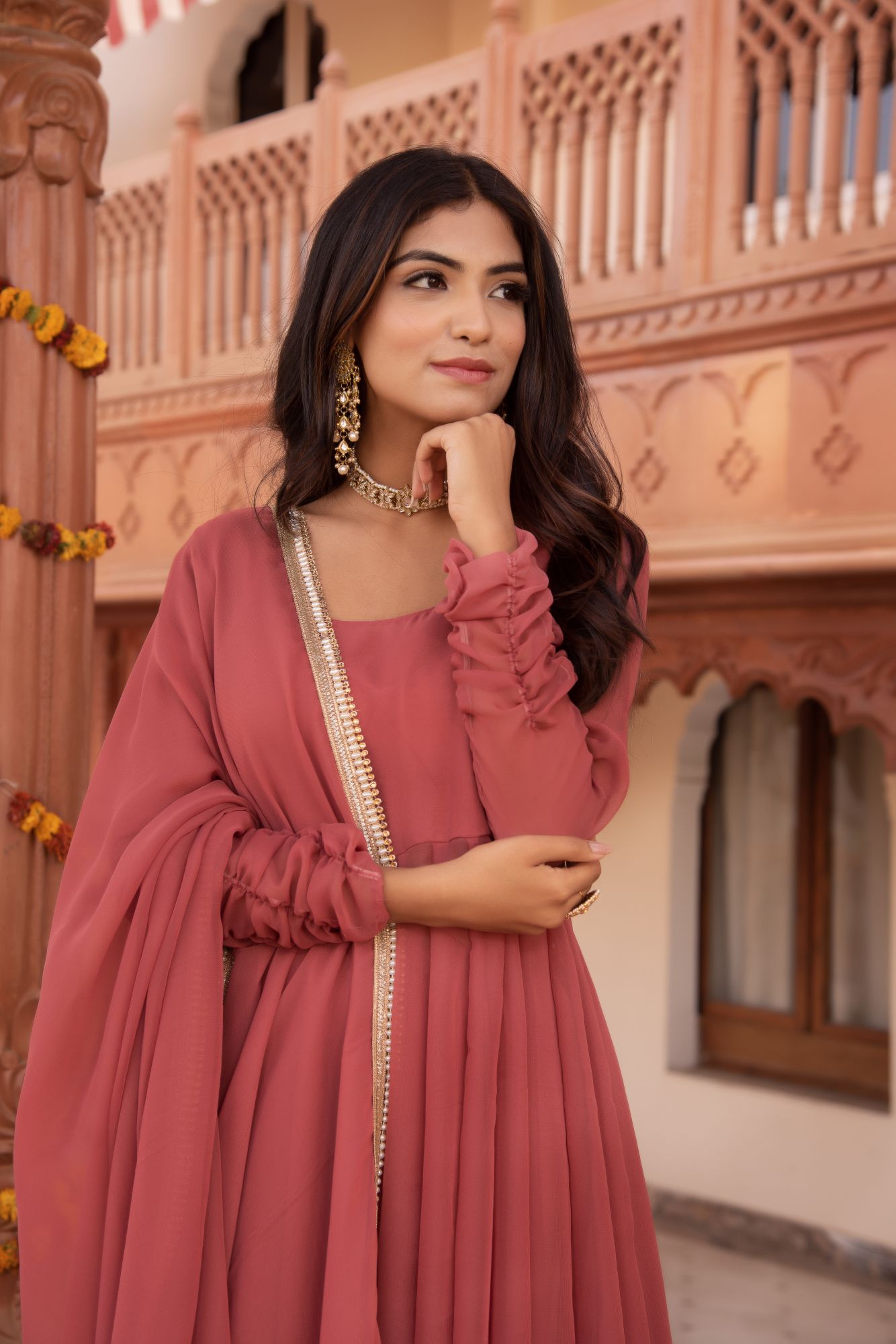 Pearl Rosegold Georgette Anarkali Suit Set