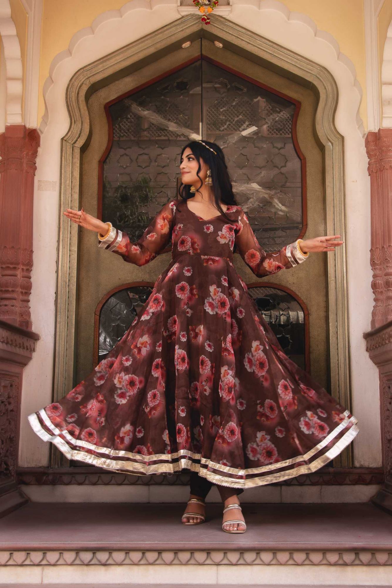 Sephia Brown Gotapatti Organza Anarkali Suit Set