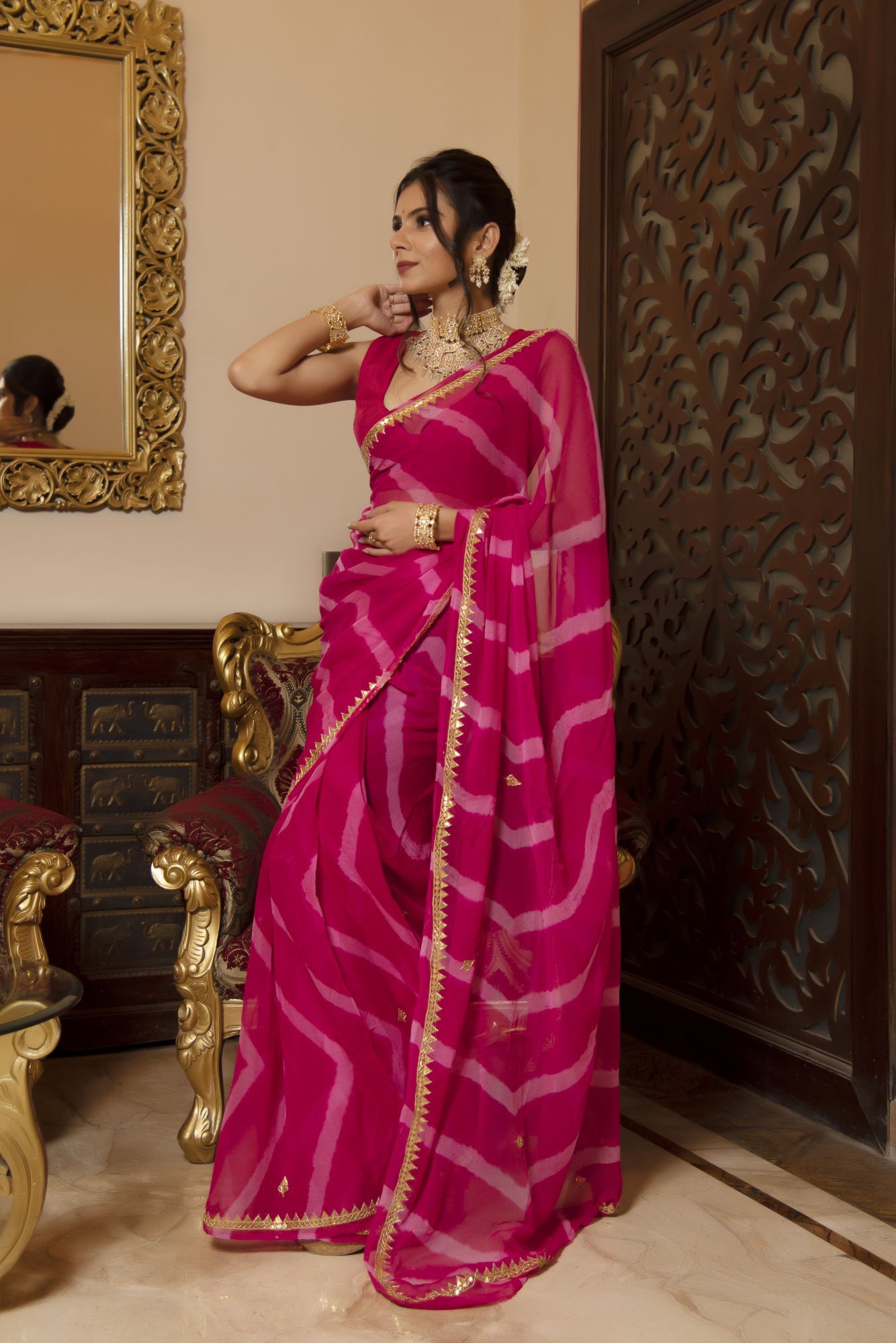 Rani Leheriya Gotapatti Chiffon Saree