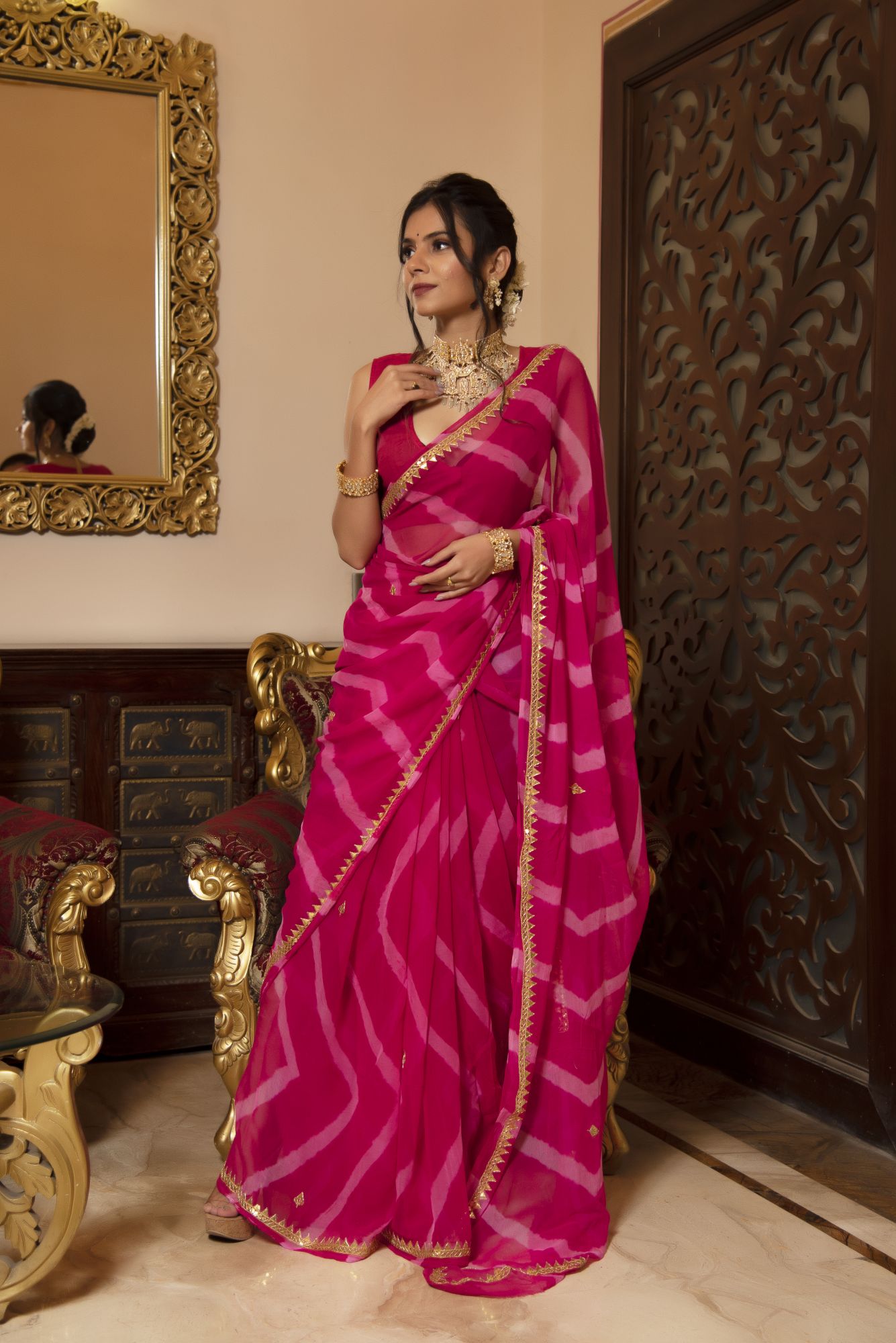 Rani Leheriya Gotapatti Chiffon Saree