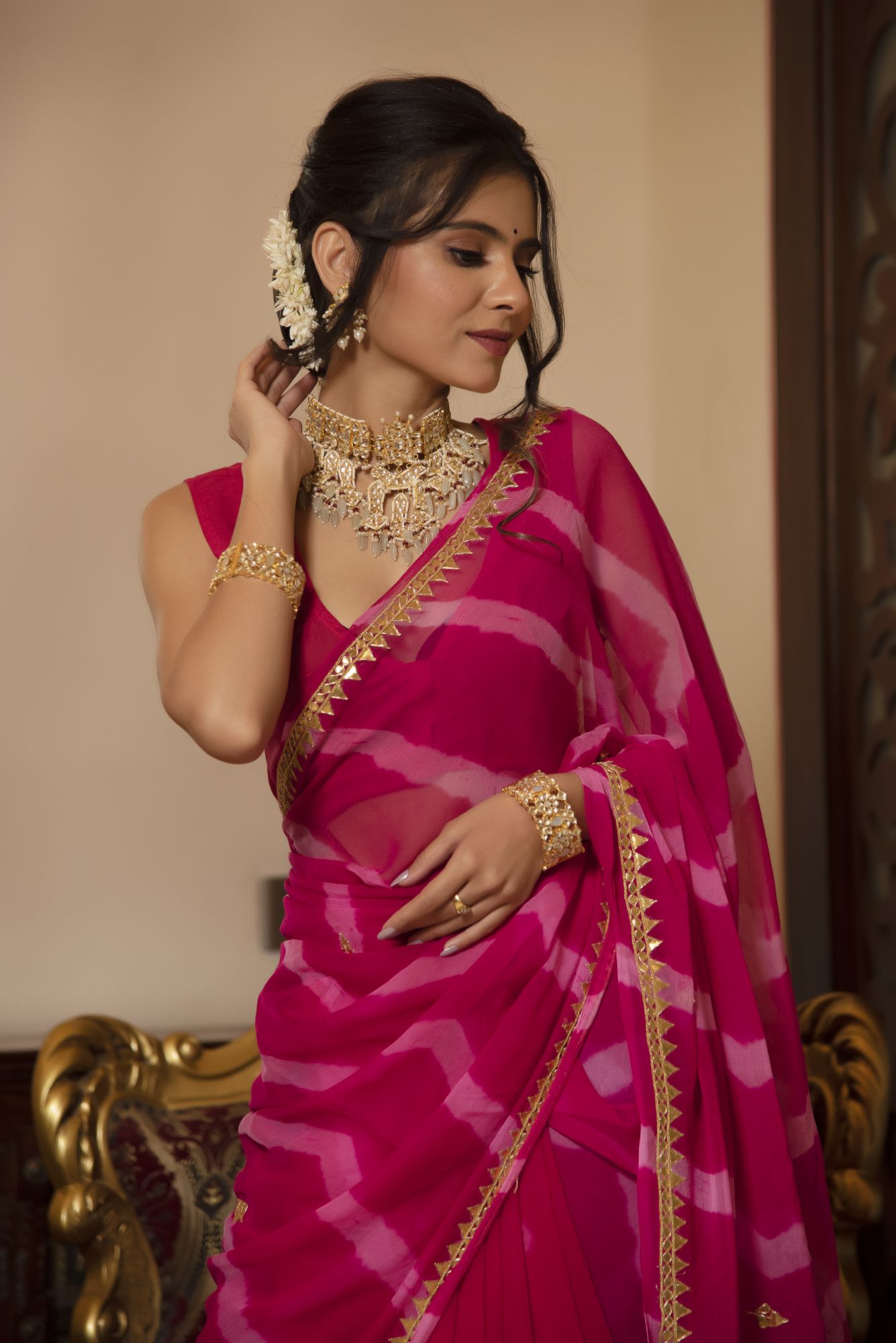 Rani Leheriya Gotapatti Chiffon Saree