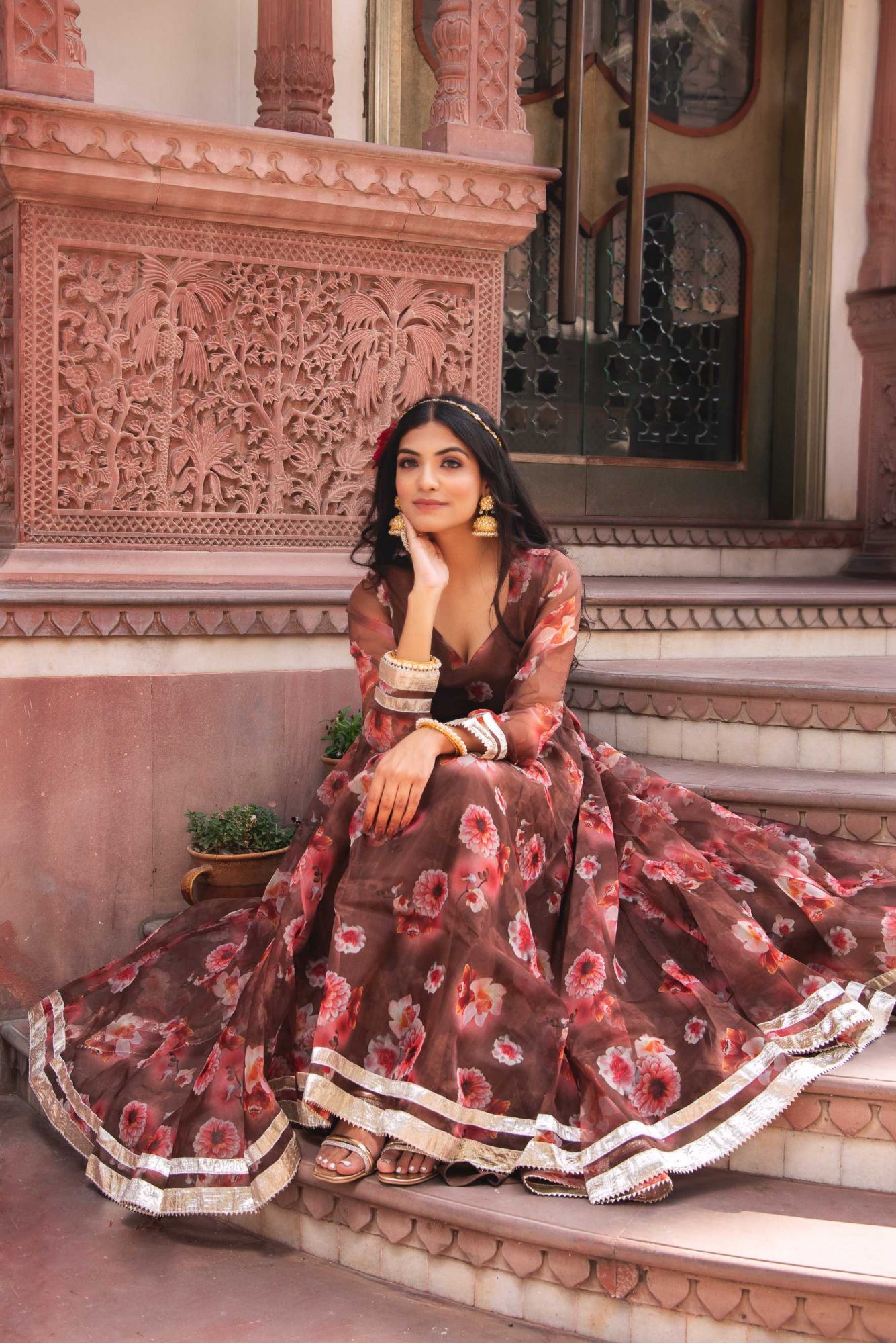 Sephia Brown Gotapatti Organza Anarkali Suit Set