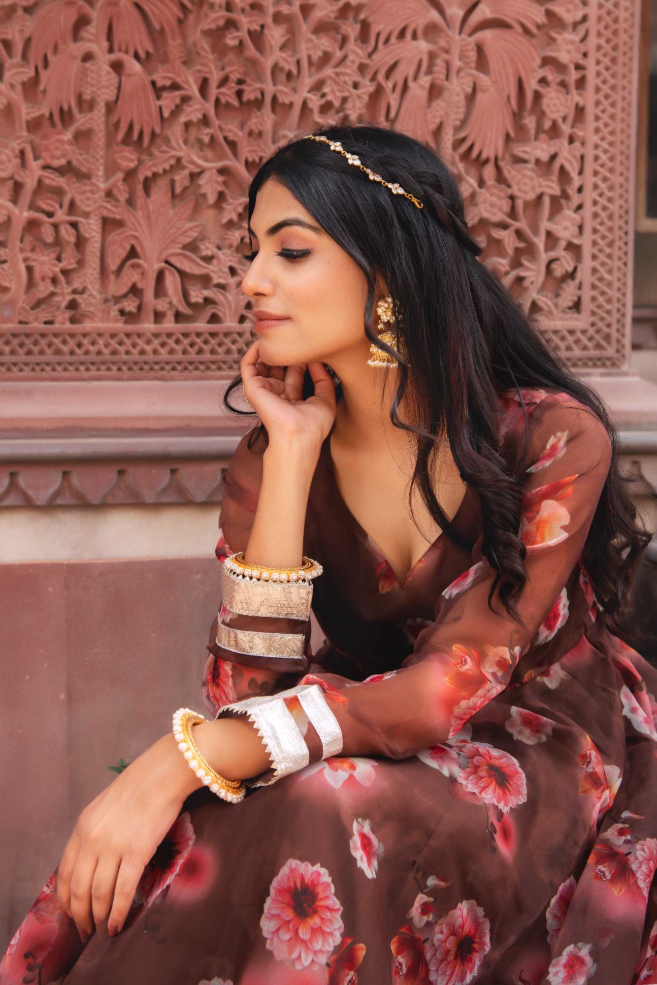 Sephia Brown Gotapatti Organza Anarkali Suit Set