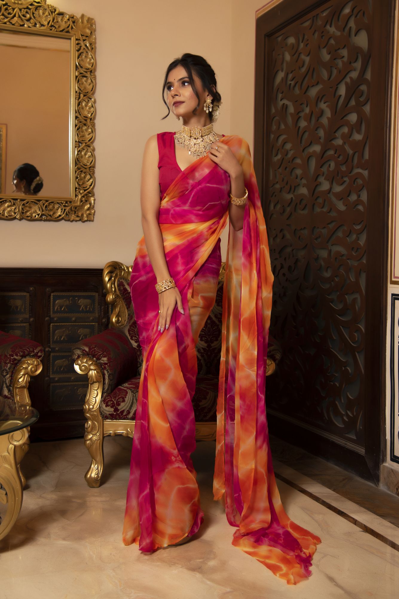 Multi Coloured Lehriya Chiffon Saree