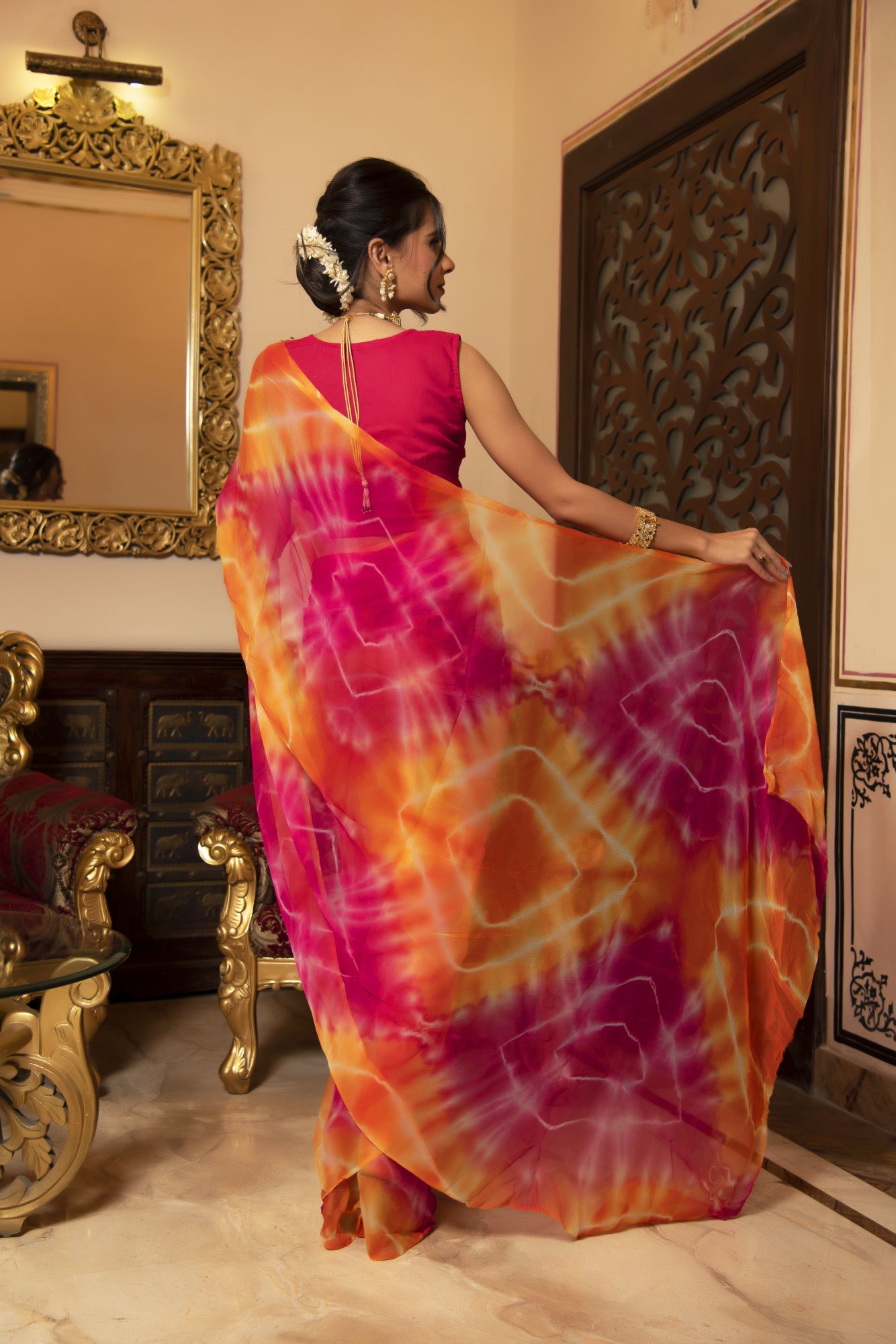 Multi Coloured Lehriya Chiffon Saree
