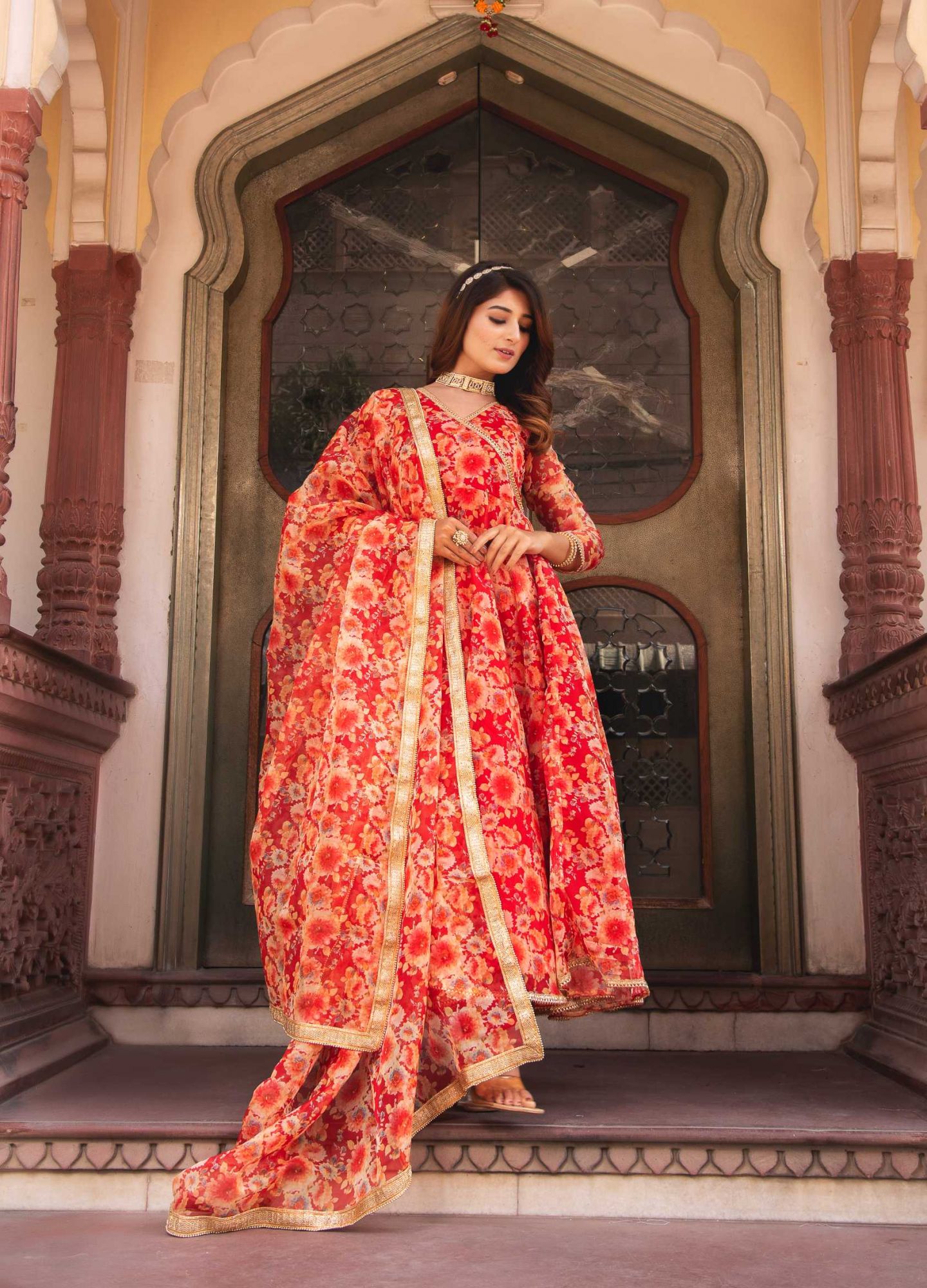 Crimson Red Gotapatti Organza Anarkali Suit Set