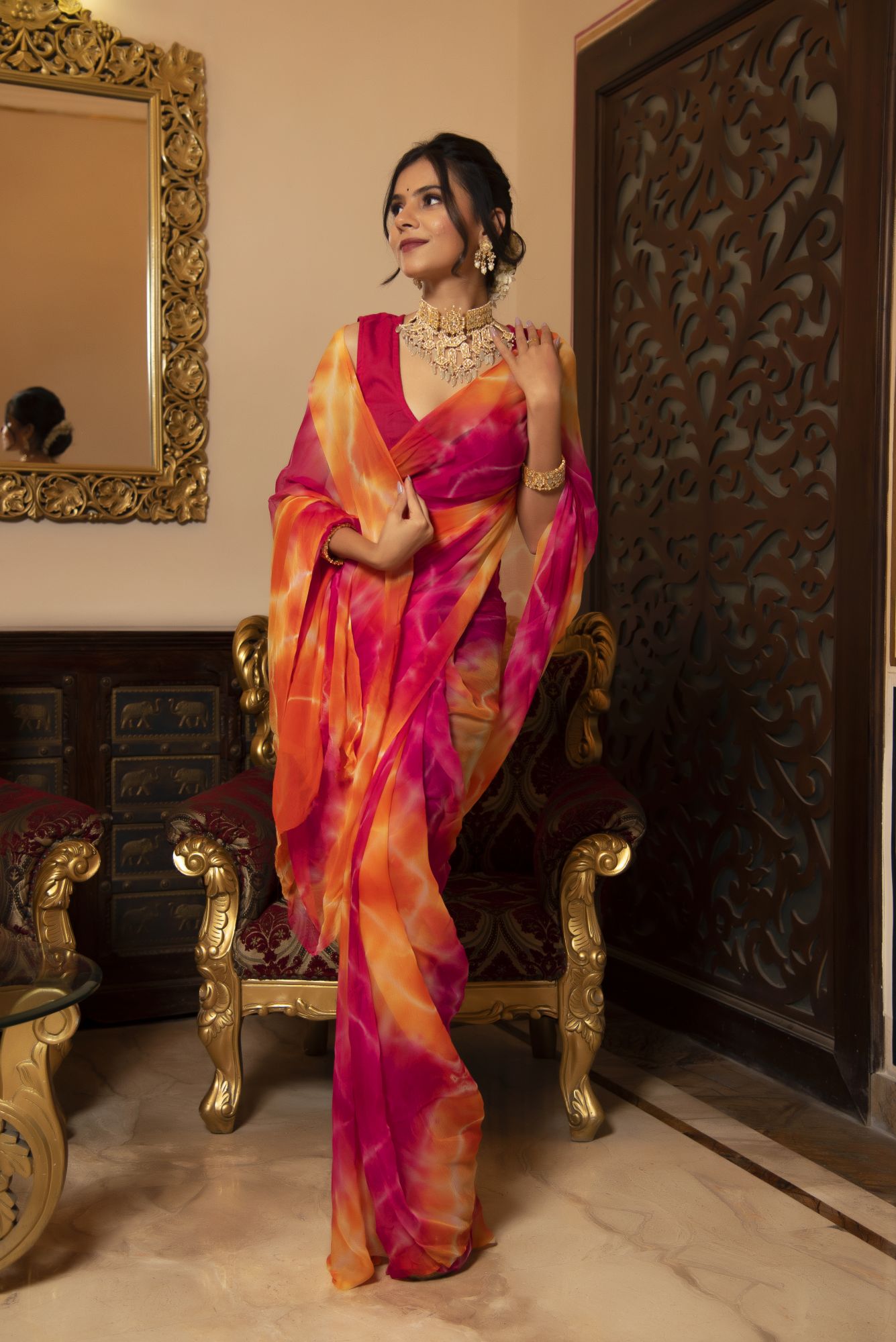Multi Coloured Lehriya Chiffon Saree