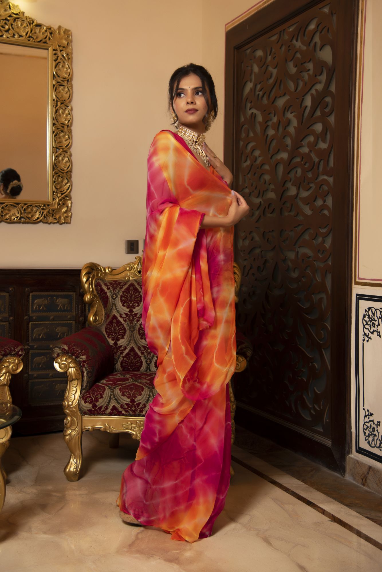 Multi Coloured Lehriya Chiffon Saree