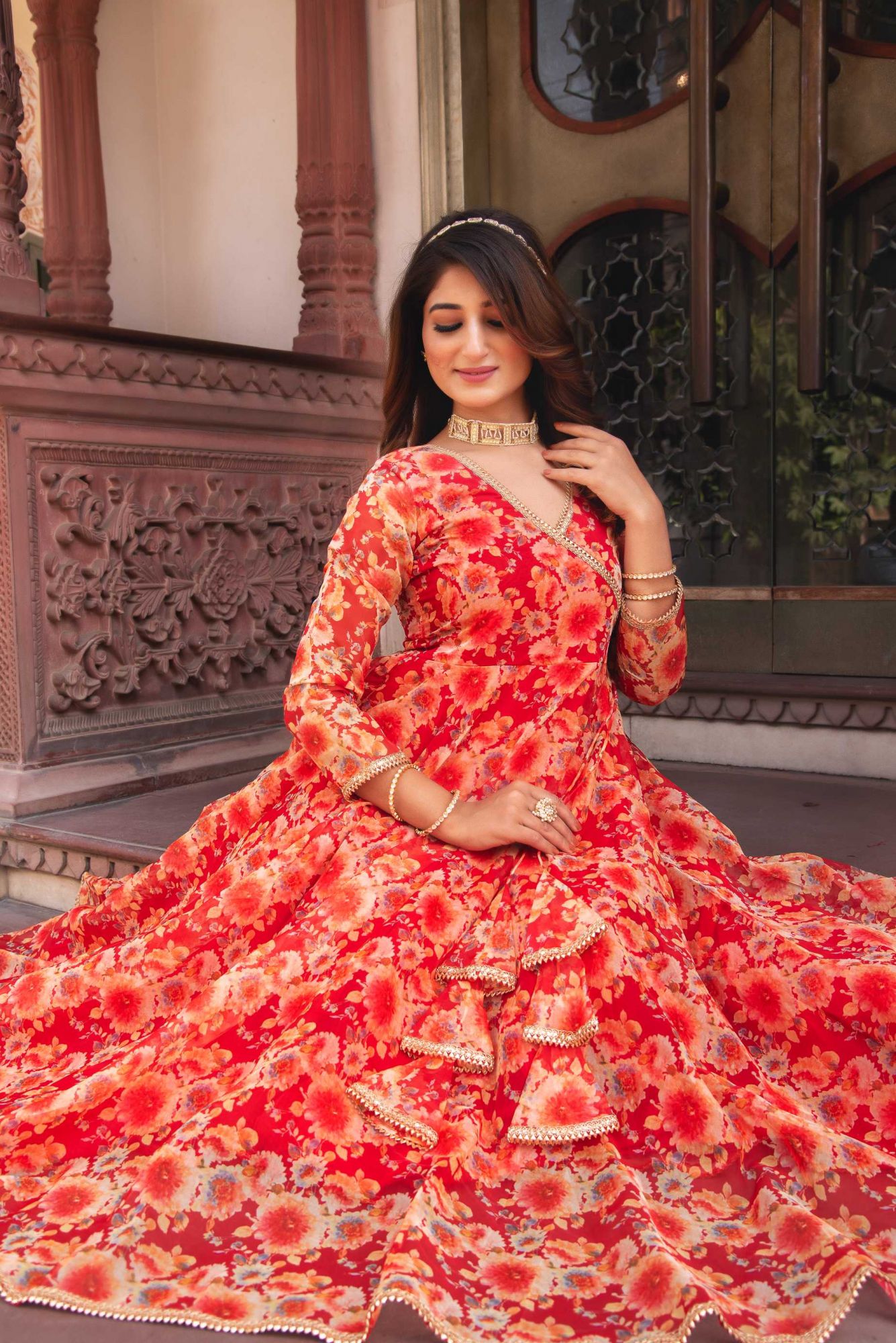 Crimson Red Gotapatti Organza Anarkali Suit Set