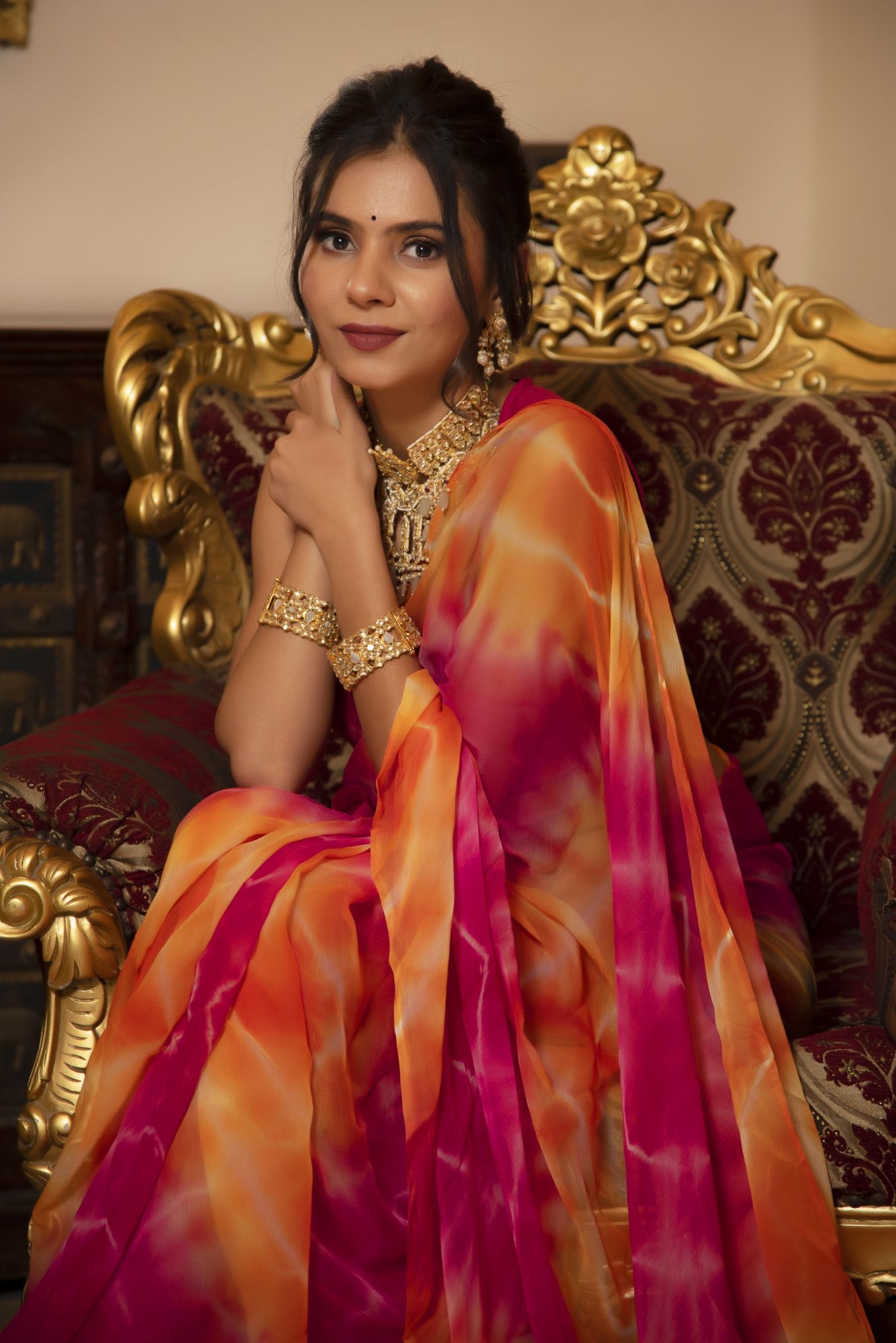 Multi Coloured Lehriya Chiffon Saree