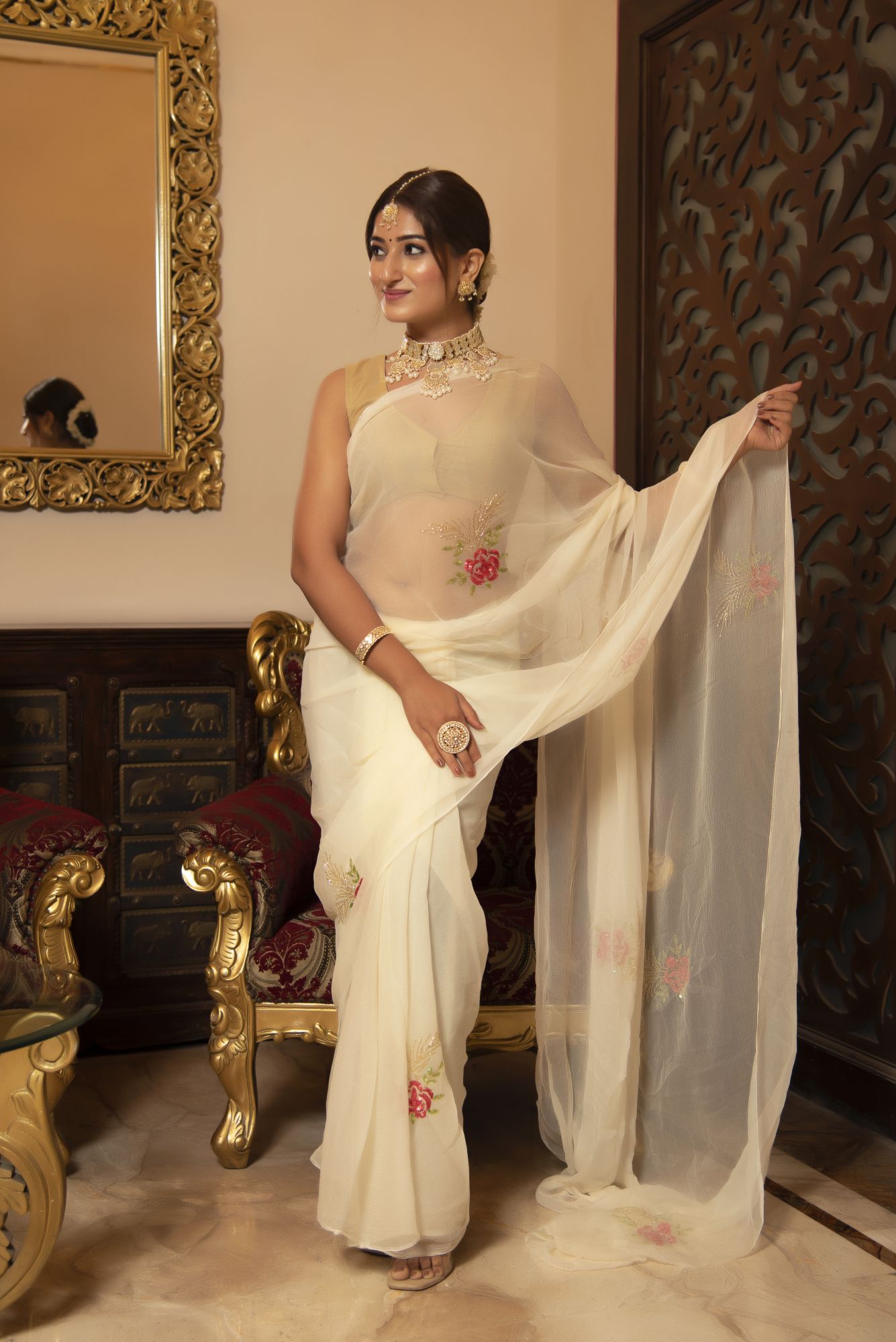 Milky White Handwork Chiffon Saree