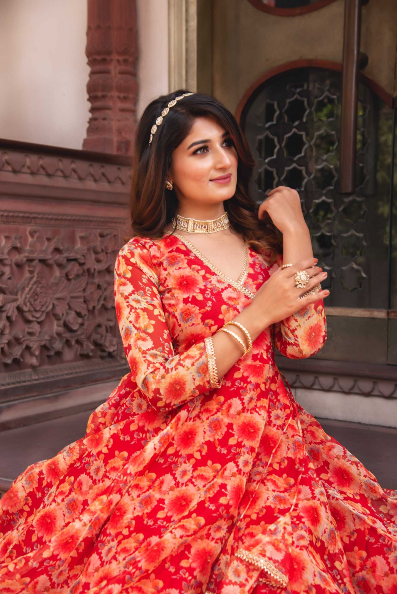 Crimson Red Gotapatti Organza Anarkali Suit Set