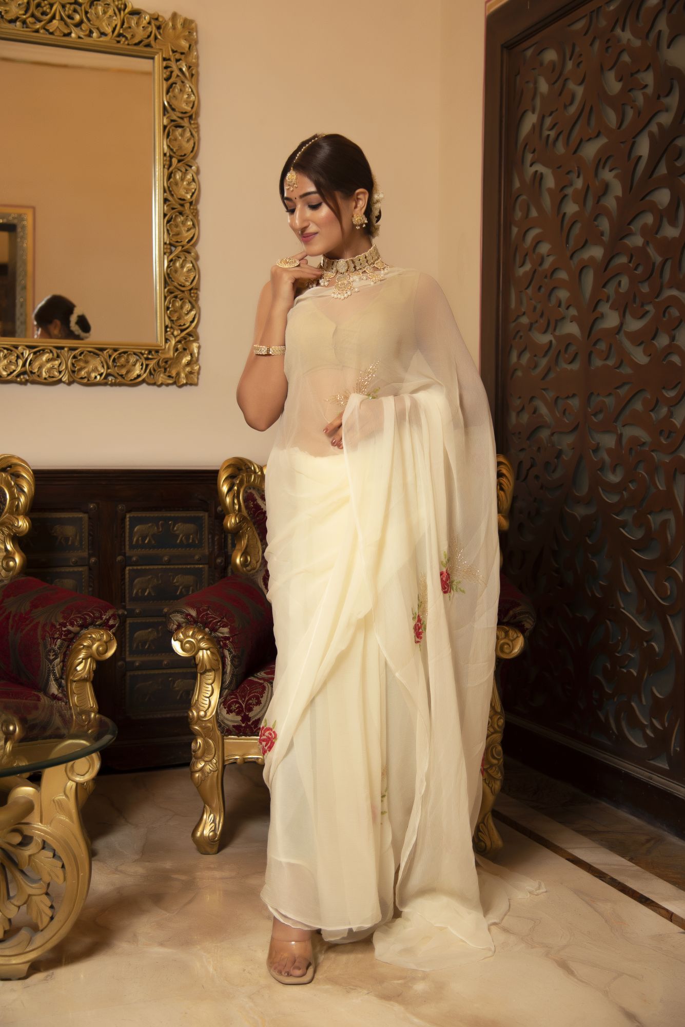 Milky White Handwork Chiffon Saree