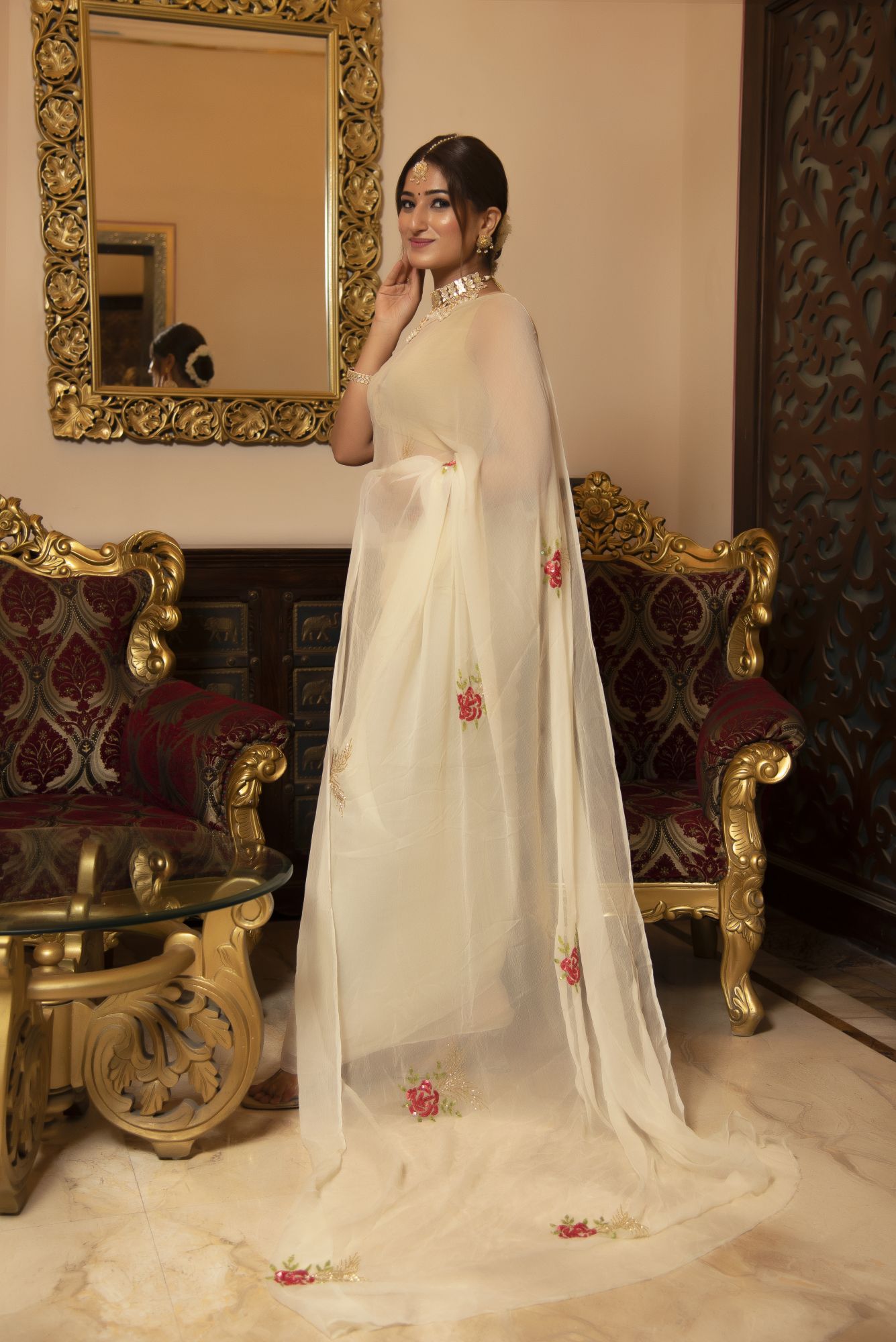 Milky White Handwork Chiffon Saree