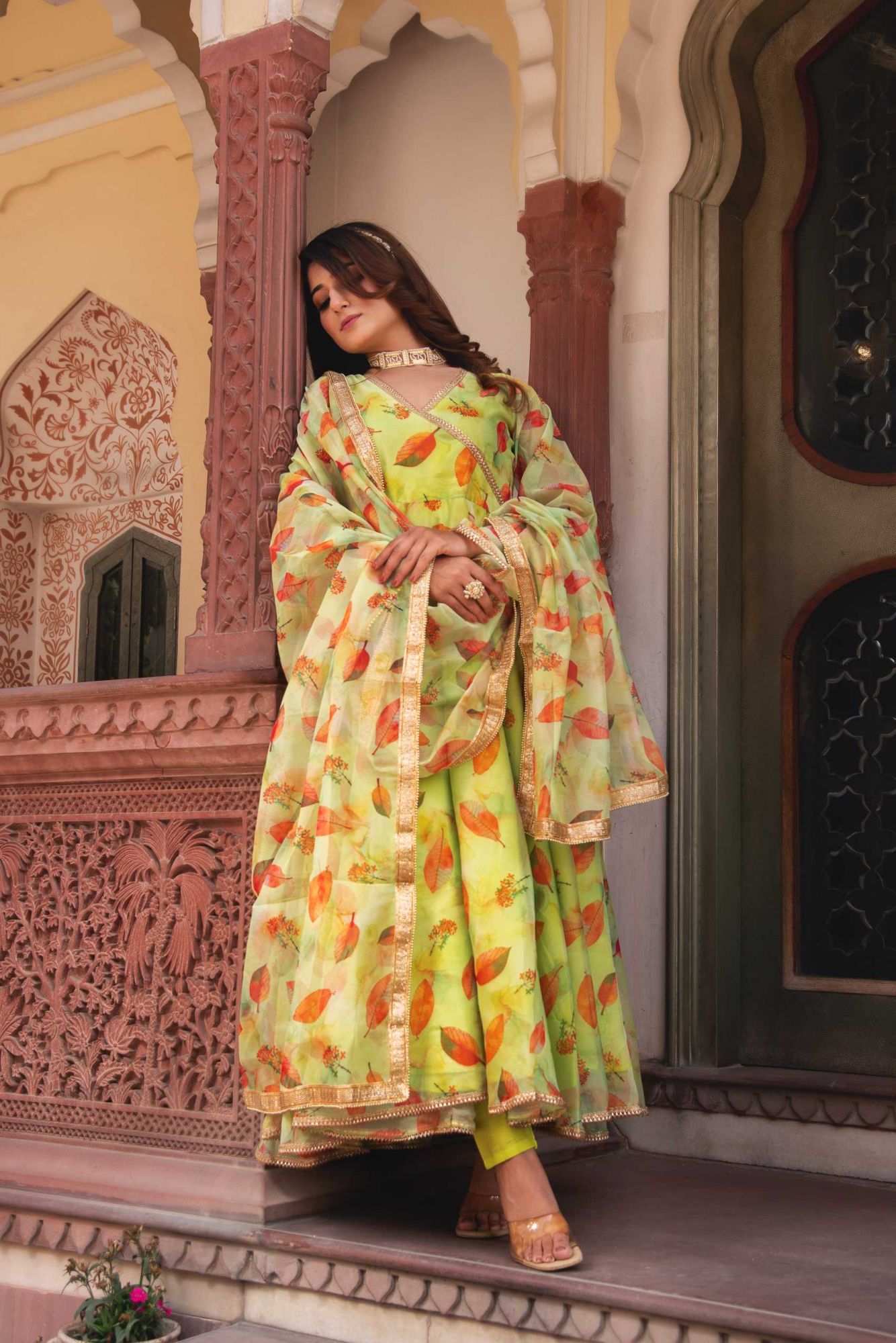 Pistacia Green Gotapatti Organza Anarkali Suit Set