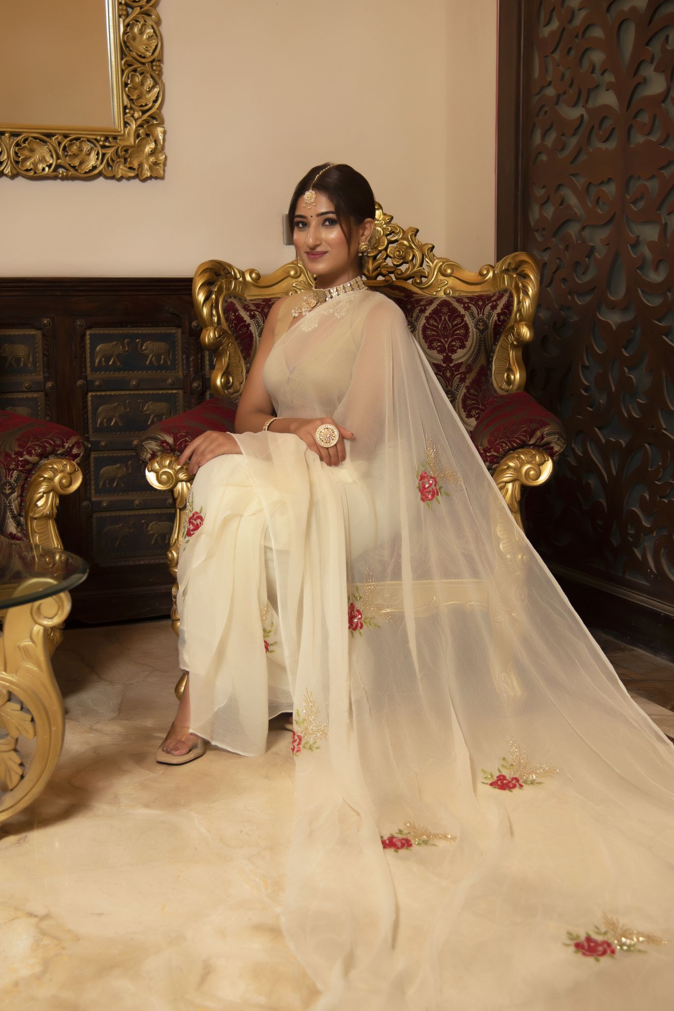 Milky White Handwork Chiffon Saree