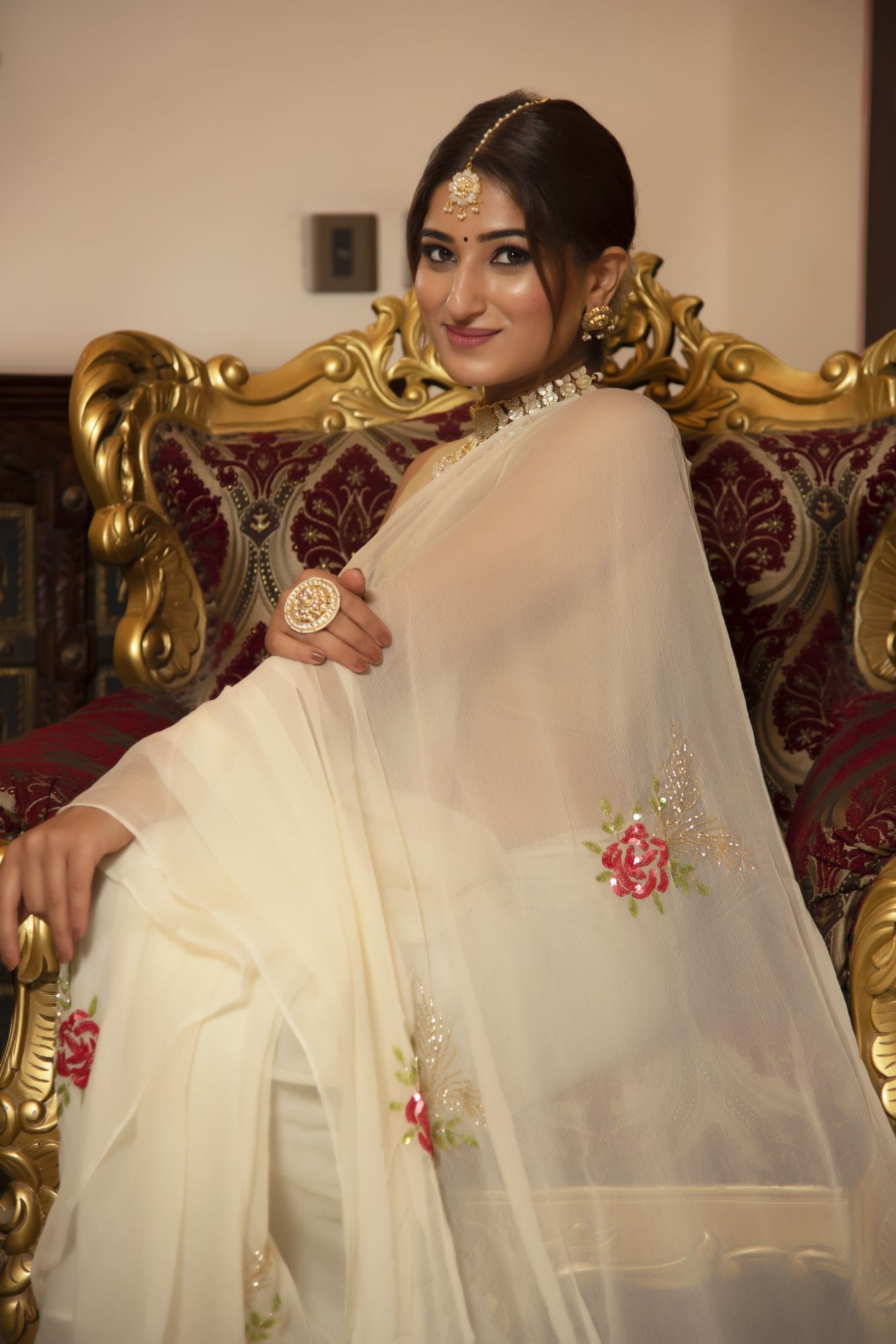 Milky White Handwork Chiffon Saree