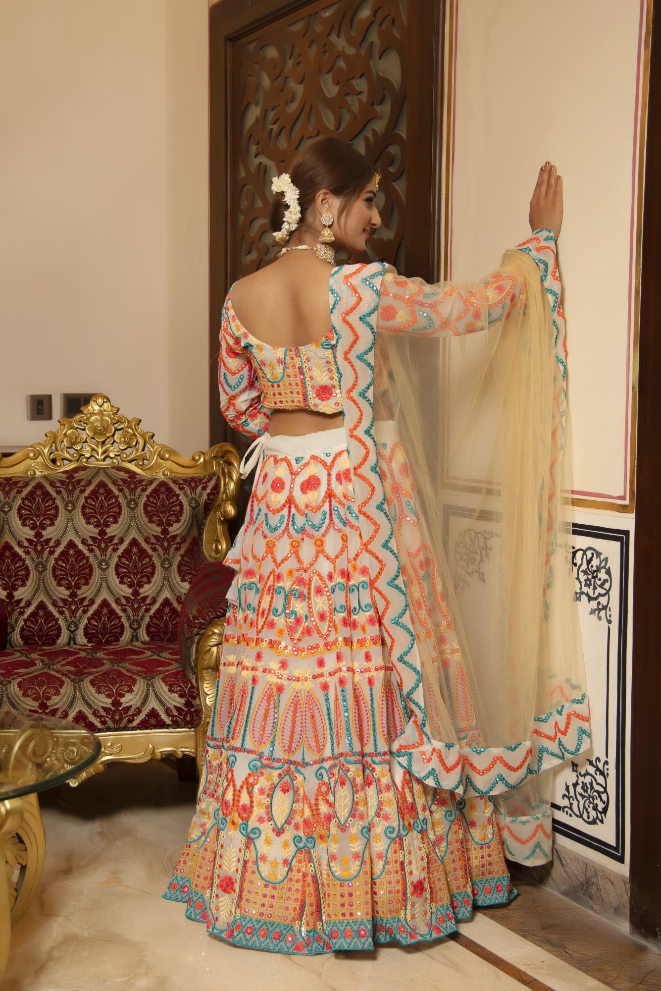 Multi Coloured Embroided Lehenga Set