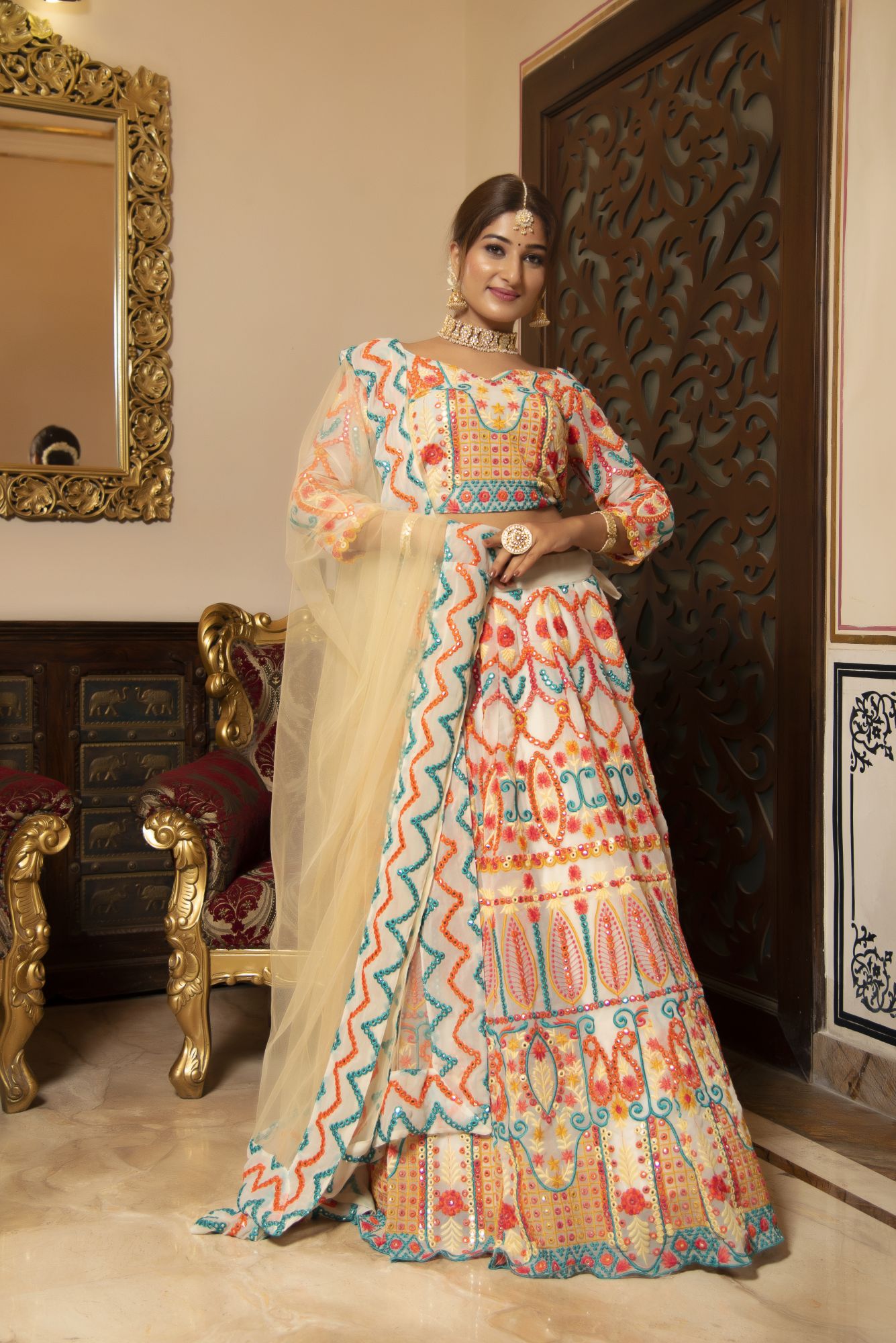 Multi Coloured Embroided Lehenga Set