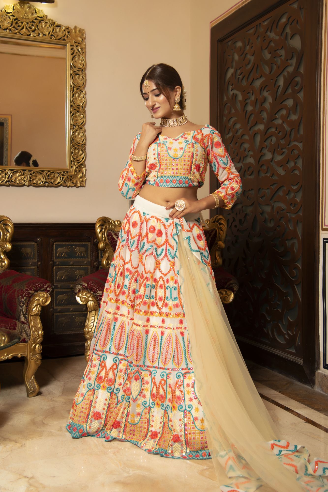 Multi Coloured Embroided Lehenga Set