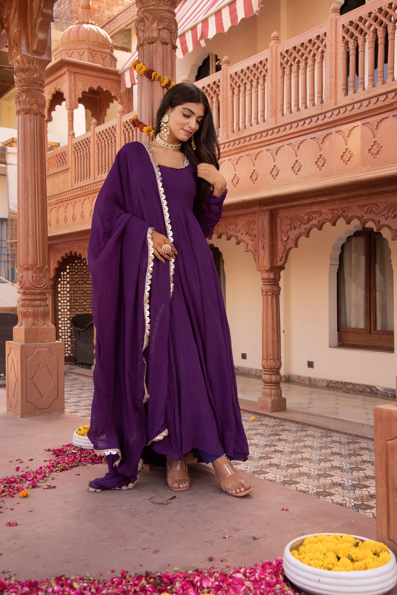 Violet Flower Georgette Anarkali Suit Set
