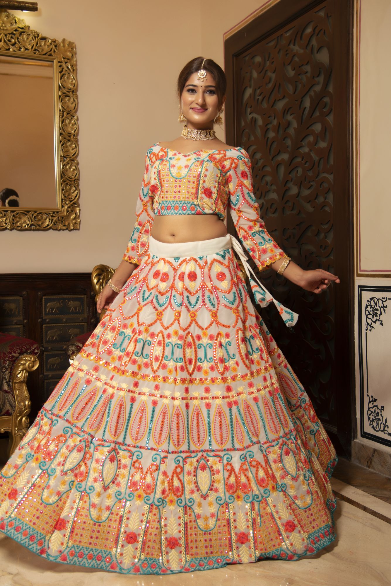 Multi Coloured Embroided Lehenga Set
