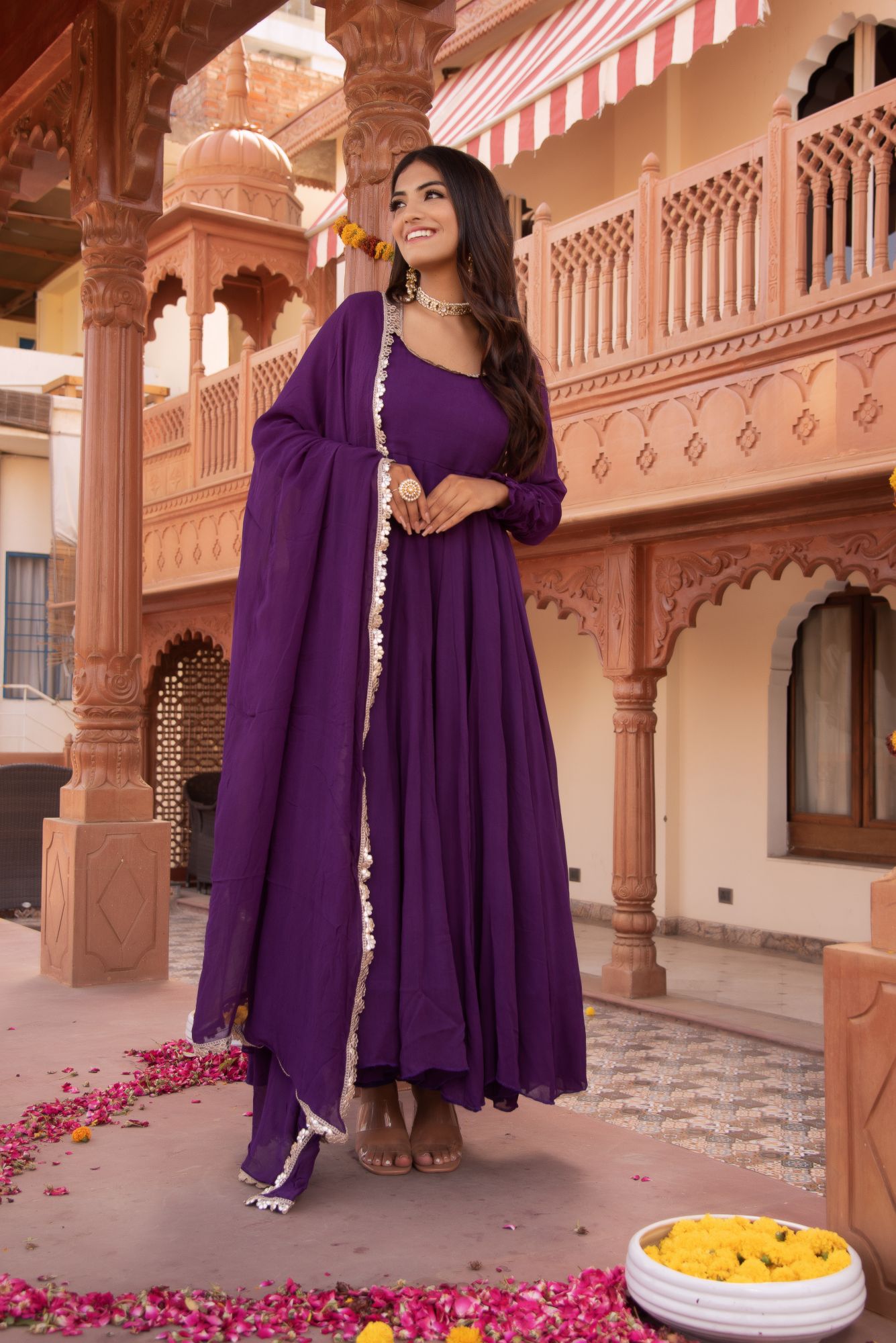 Violet Flower Georgette Anarkali Suit Set