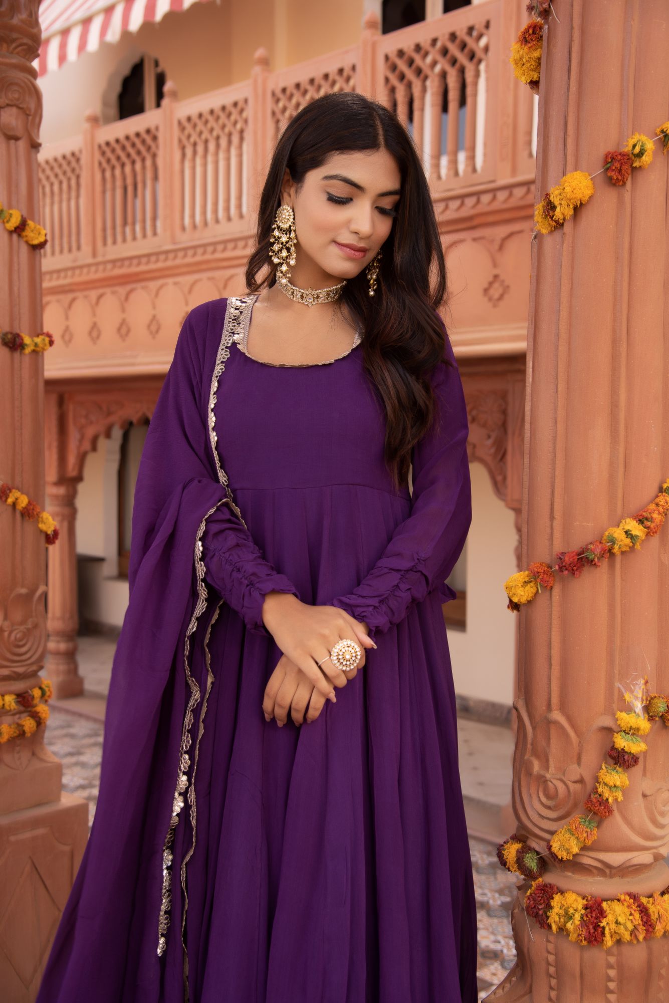 Violet Flower Georgette Anarkali Suit Set