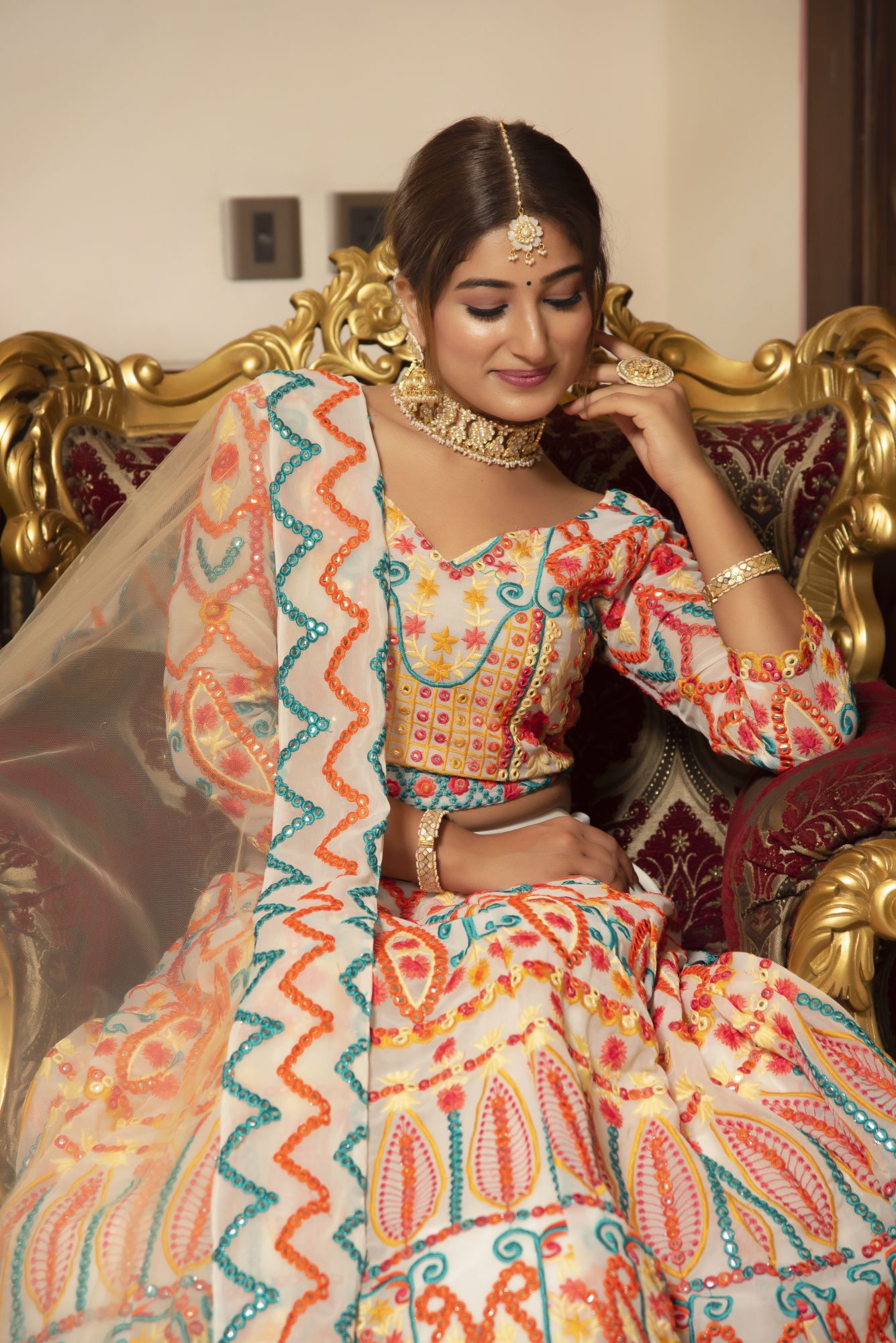 Multi Coloured Embroided Lehenga Set