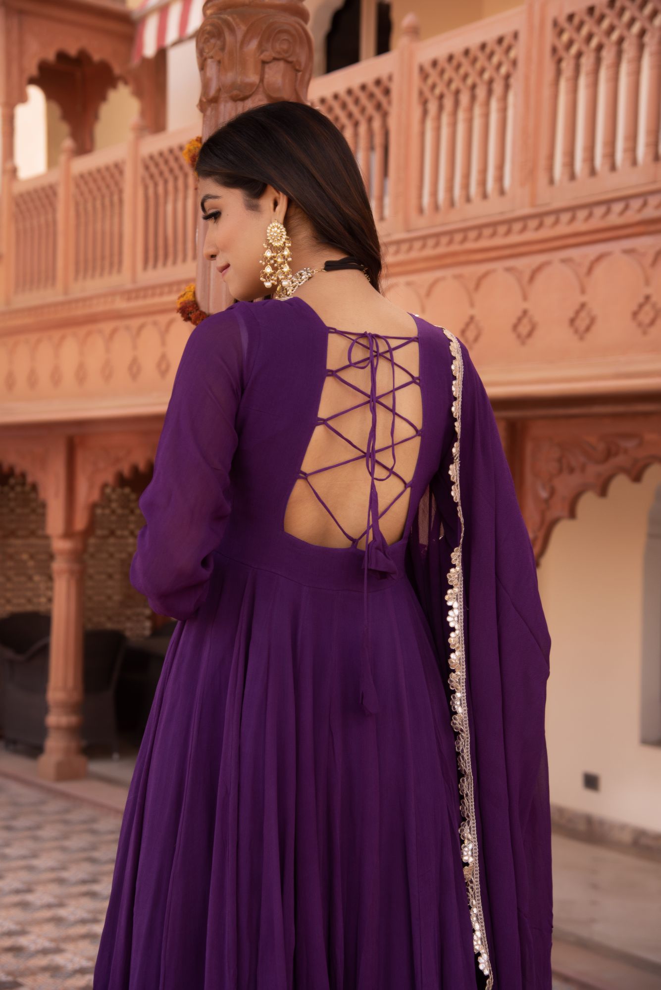 Violet Flower Georgette Anarkali Suit Set