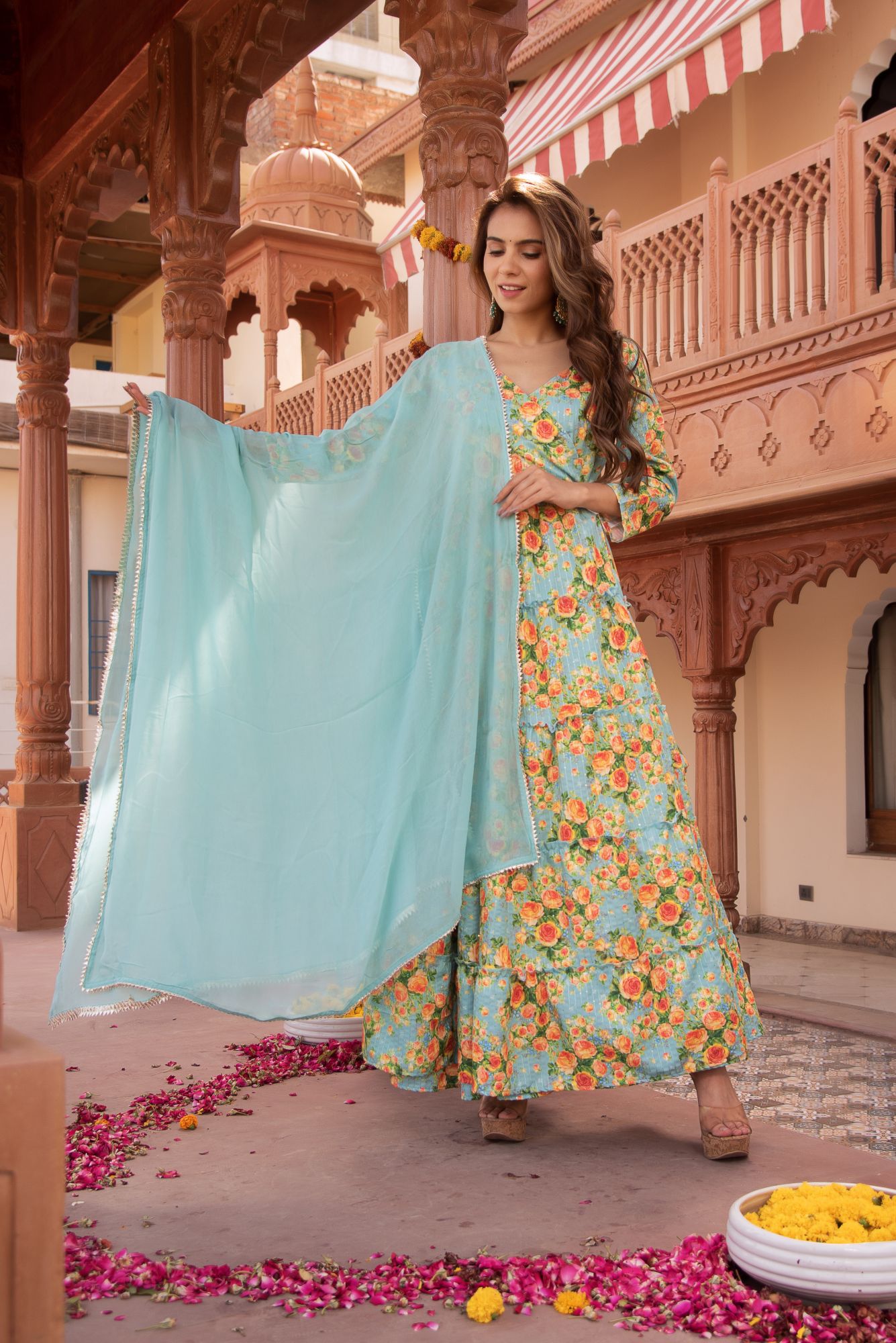 Sea Garden Embroided Anarkali Suit Set
