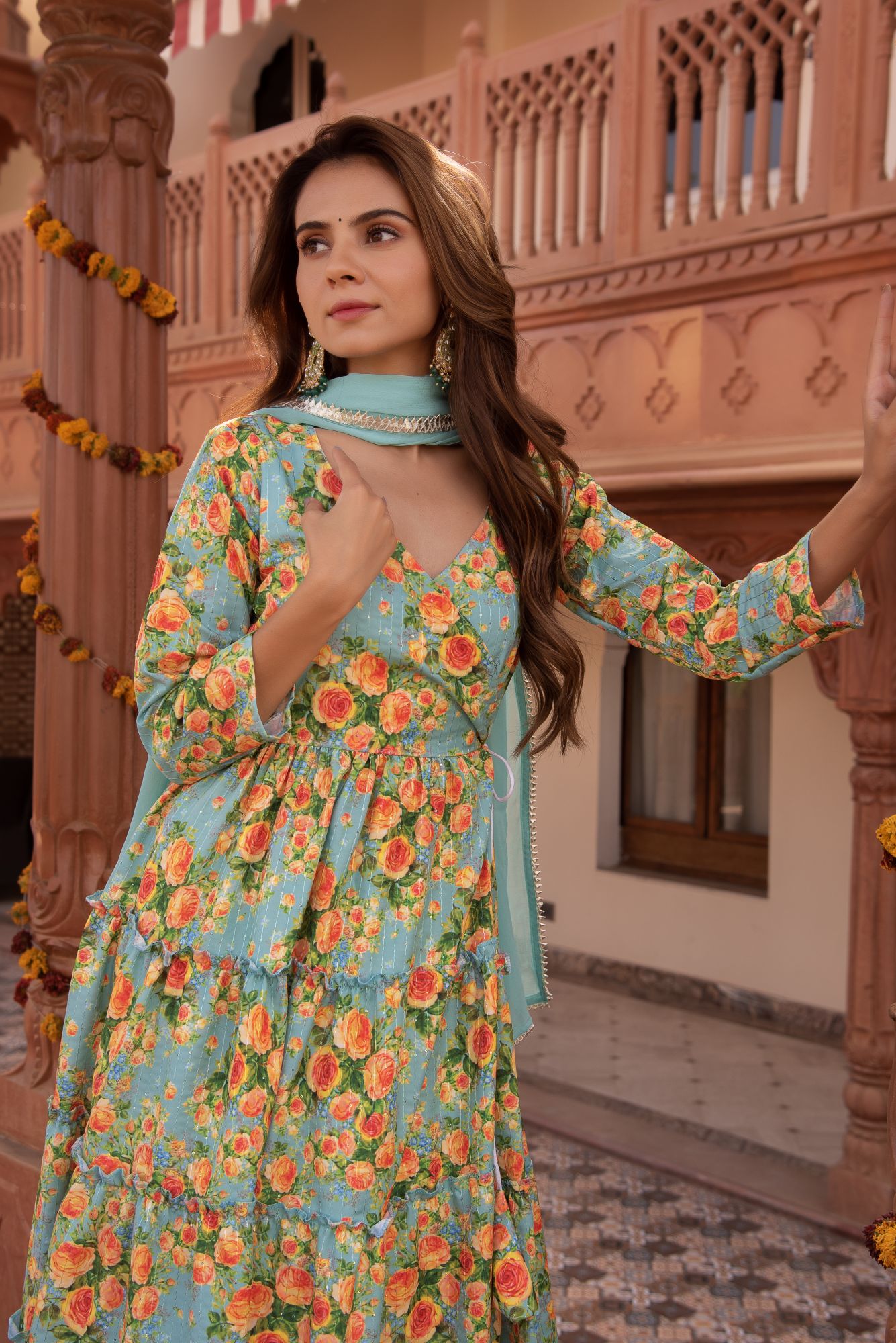 Sea Garden Embroided Anarkali Suit Set