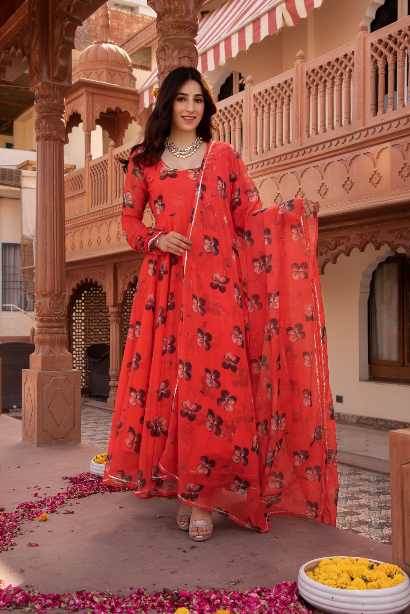 Tomato Red Flower Chiffon Anarkali Suit Set