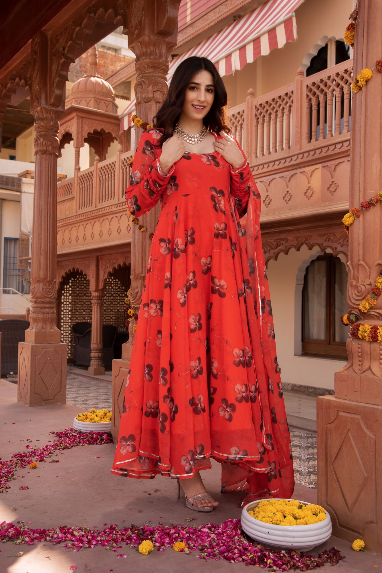 Tomato Red Flower Chiffon Anarkali Suit Set