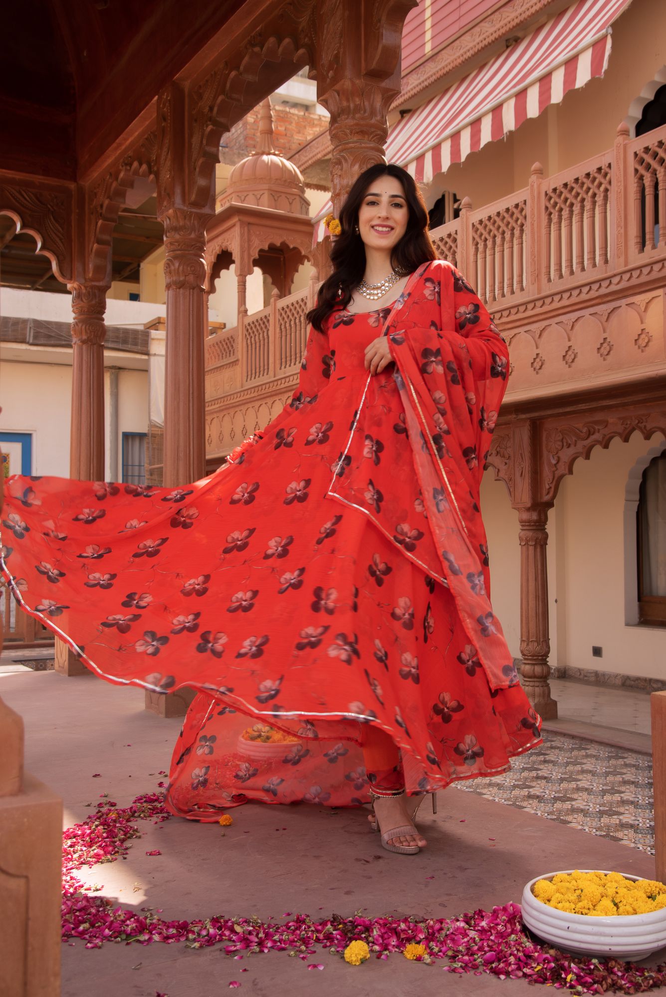 Tomato Red Flower Chiffon Anarkali Suit Set