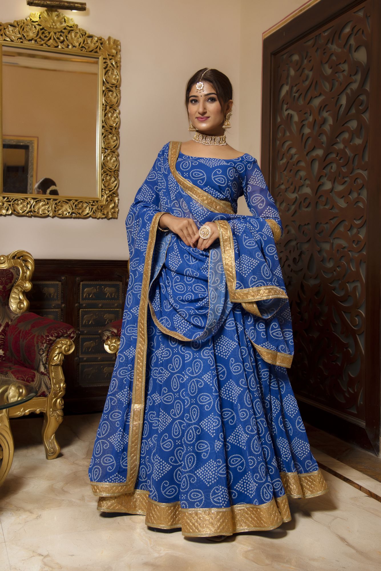 Blue Bloom Floral Gotapatti Lehenga Set