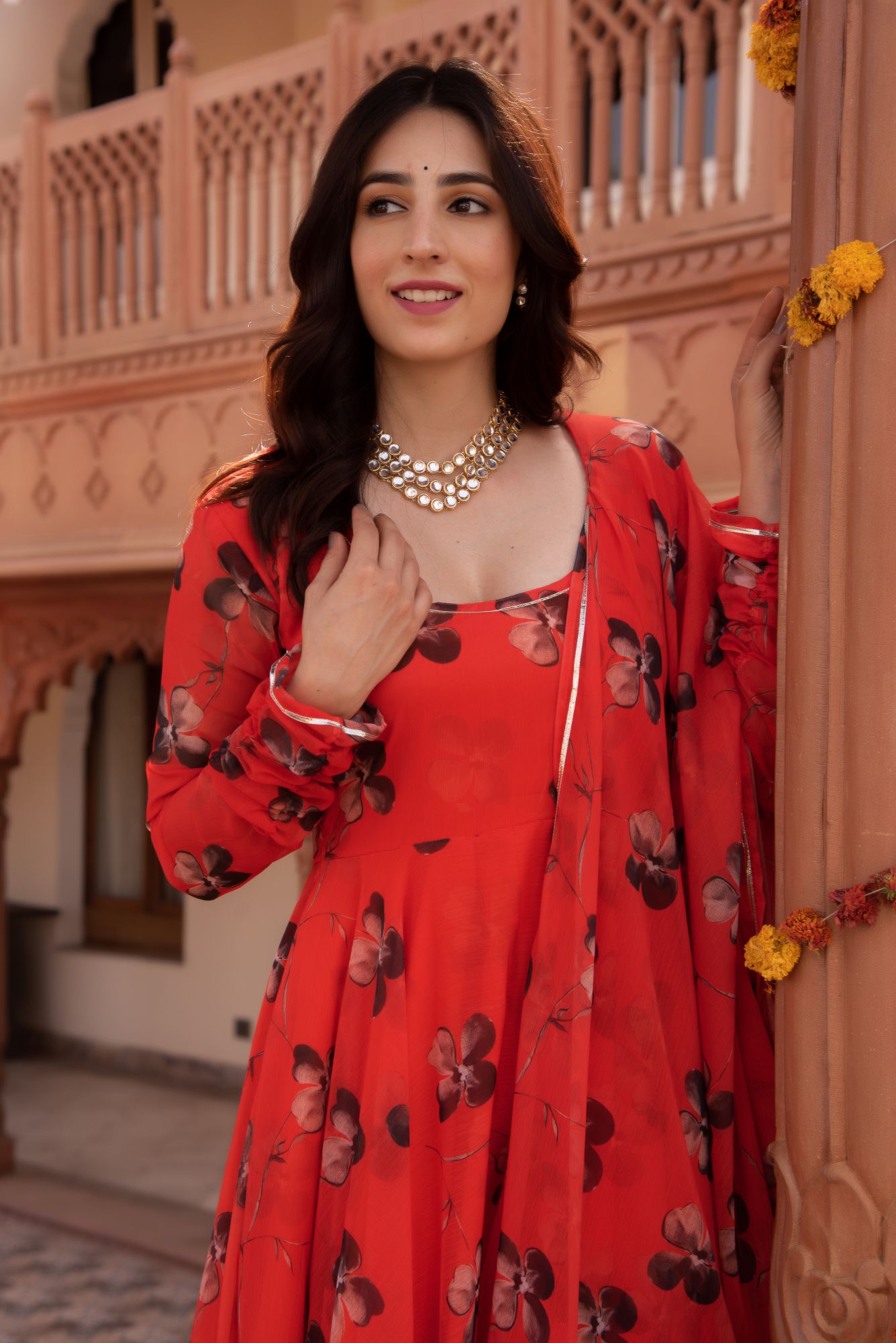 Tomato Red Flower Chiffon Anarkali Suit Set