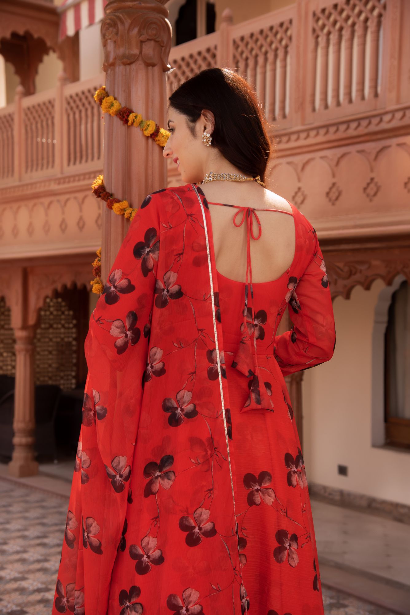 Tomato Red Flower Chiffon Anarkali Suit Set