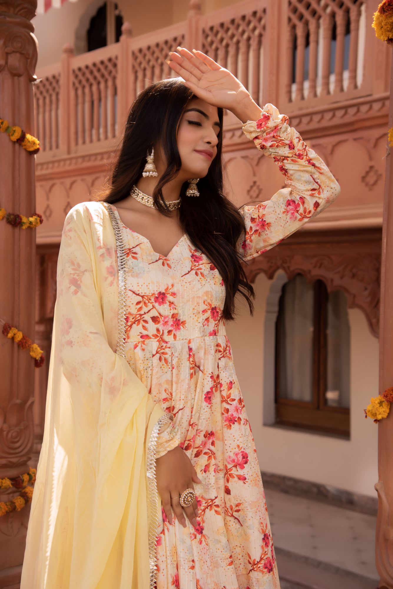 Fairy Yellow Red Blossom Anarkali Suit Set