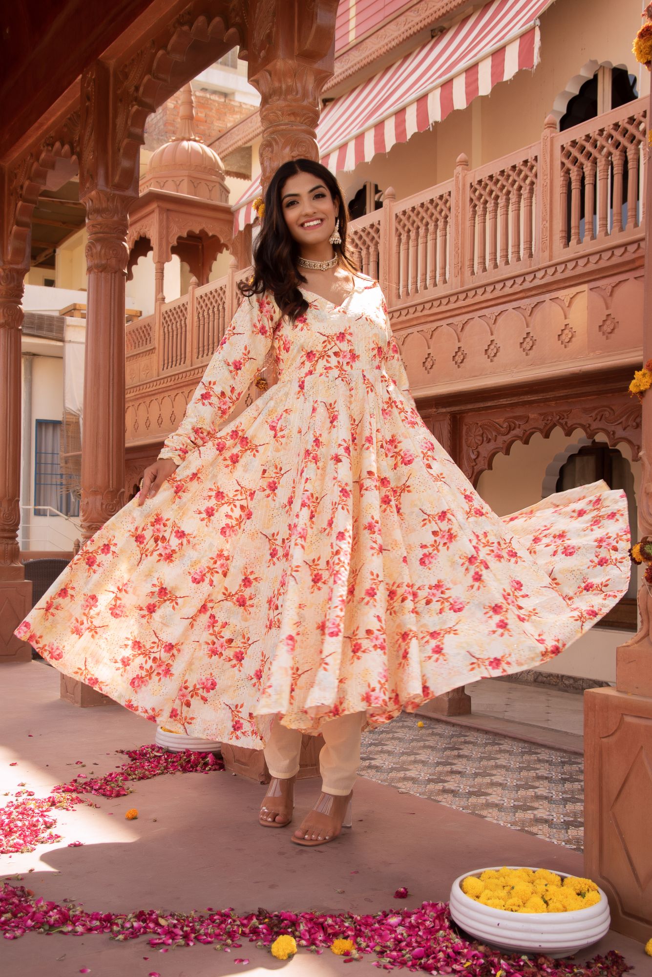 Fairy Yellow Red Blossom Anarkali Suit Set