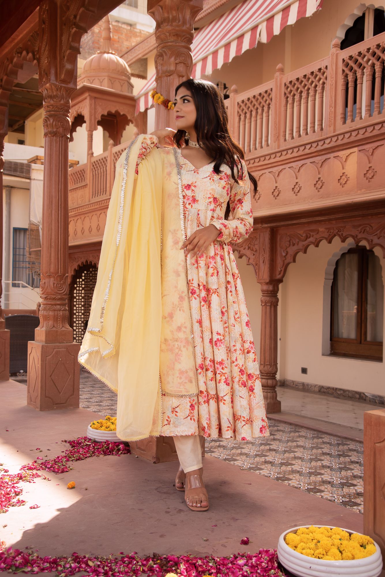 Fairy Yellow Red Blossom Anarkali Suit Set