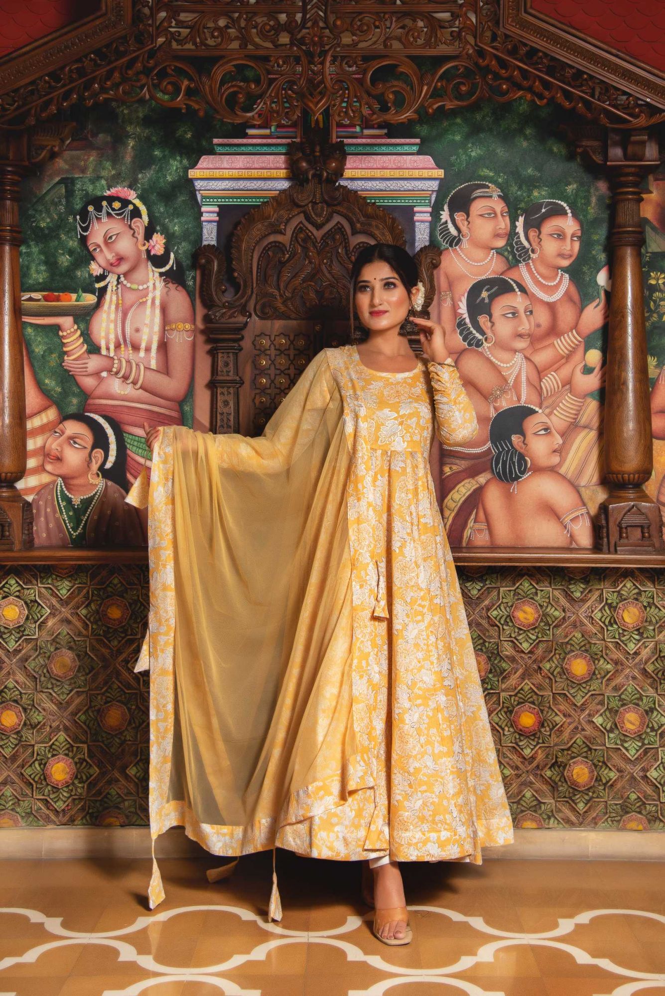 Rosette Yellow Mul Print Anarkali Suit Set