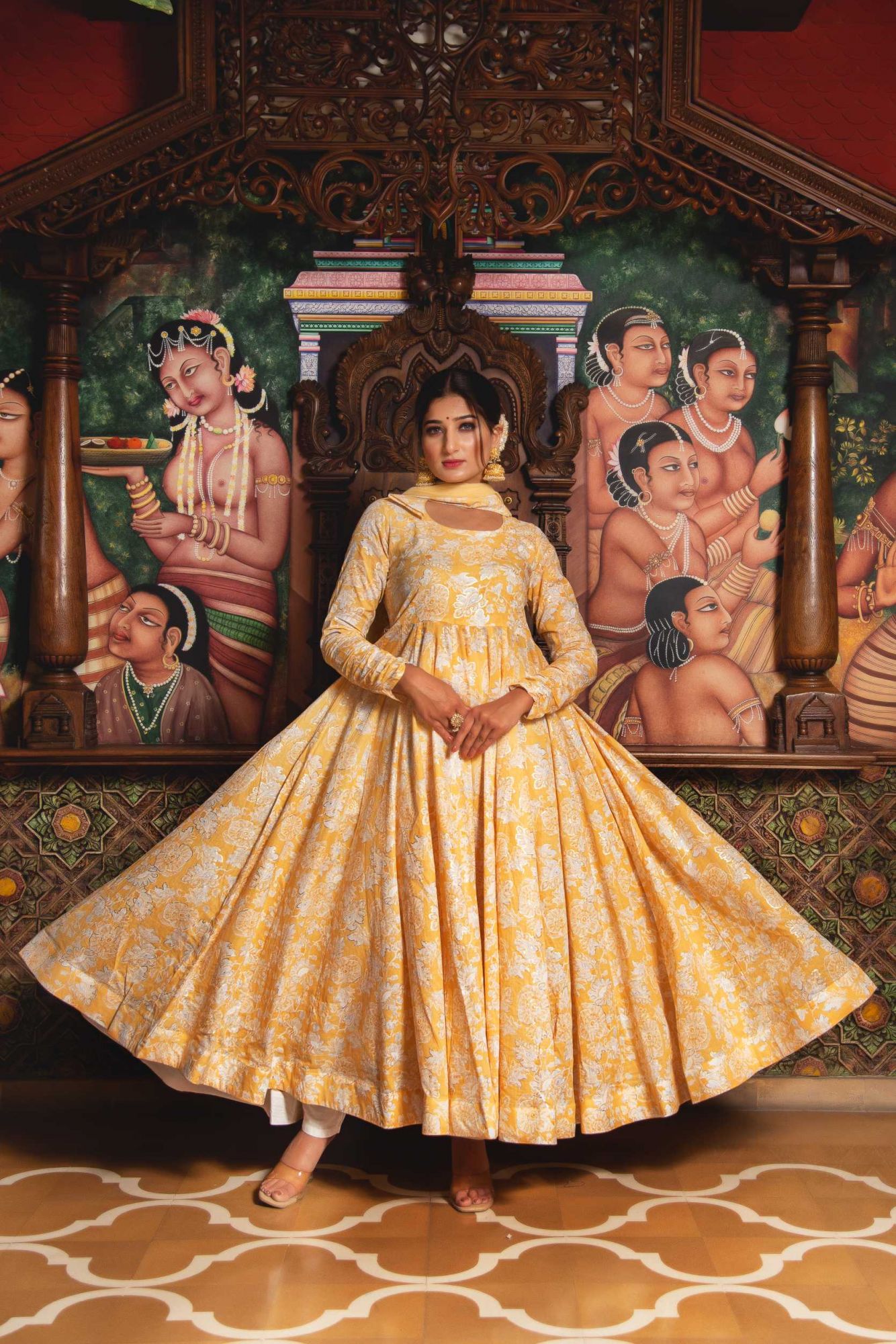 Rosette Yellow Mul Print Anarkali Suit Set