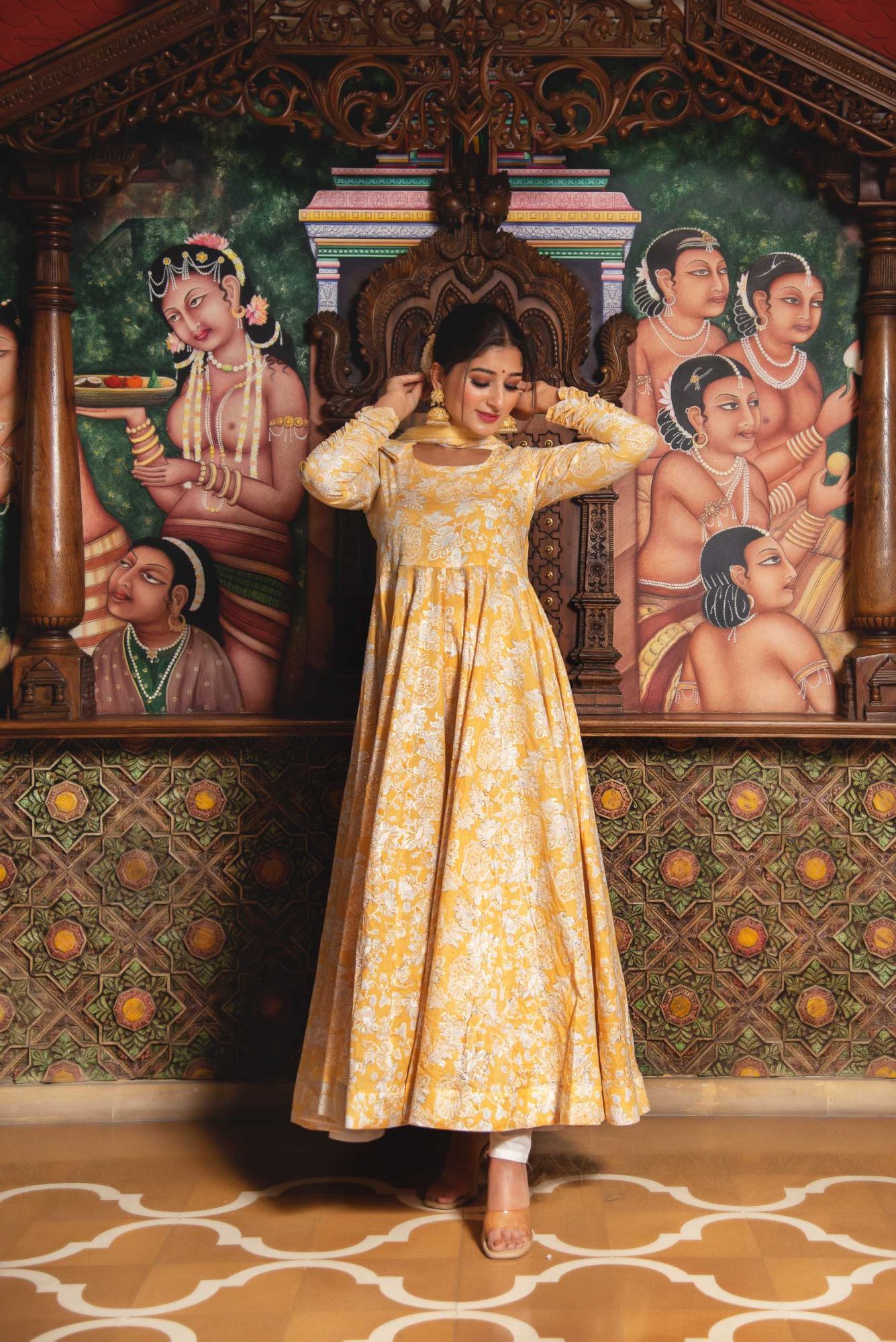 Rosette Yellow Mul Print Anarkali Suit Set