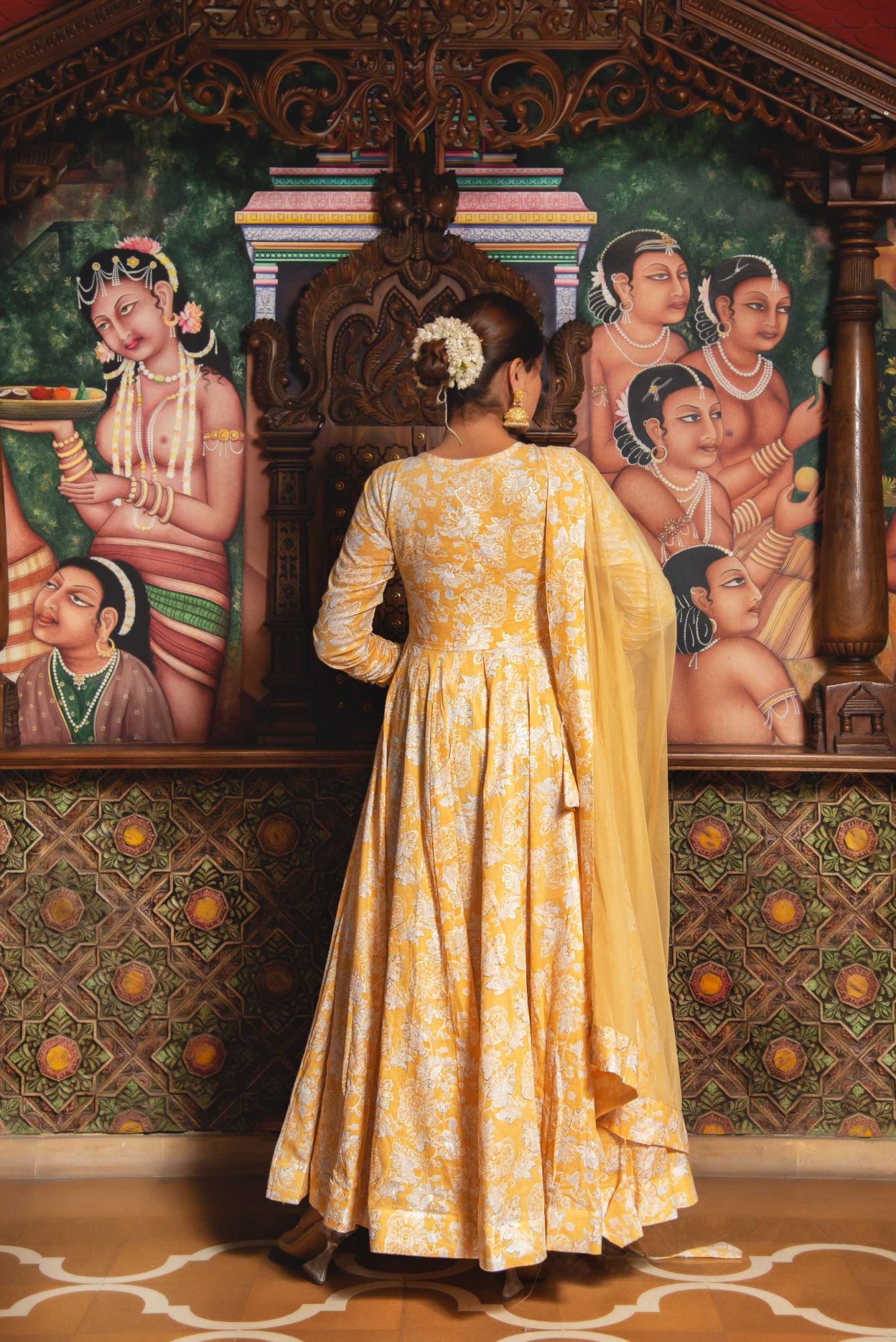 Rosette Yellow Mul Print Anarkali Suit Set