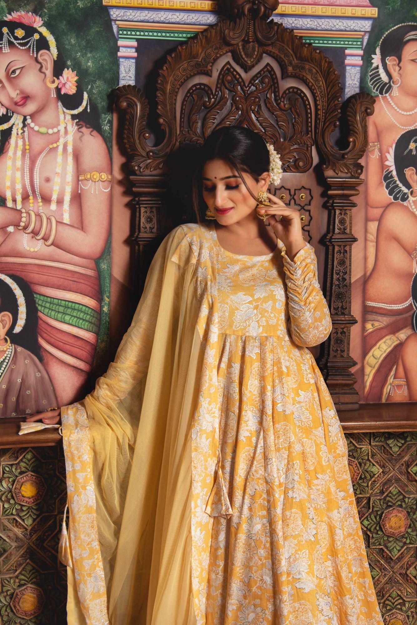 Rosette Yellow Mul Print Anarkali Suit Set