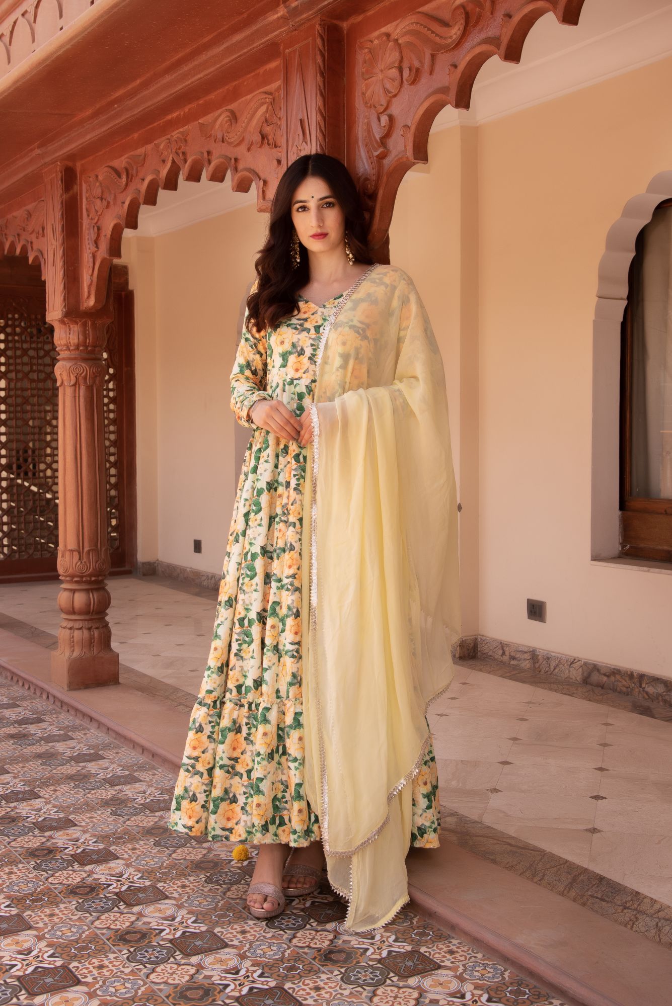 Yellow and Green Rayon Embroided Anarkali Suit Set