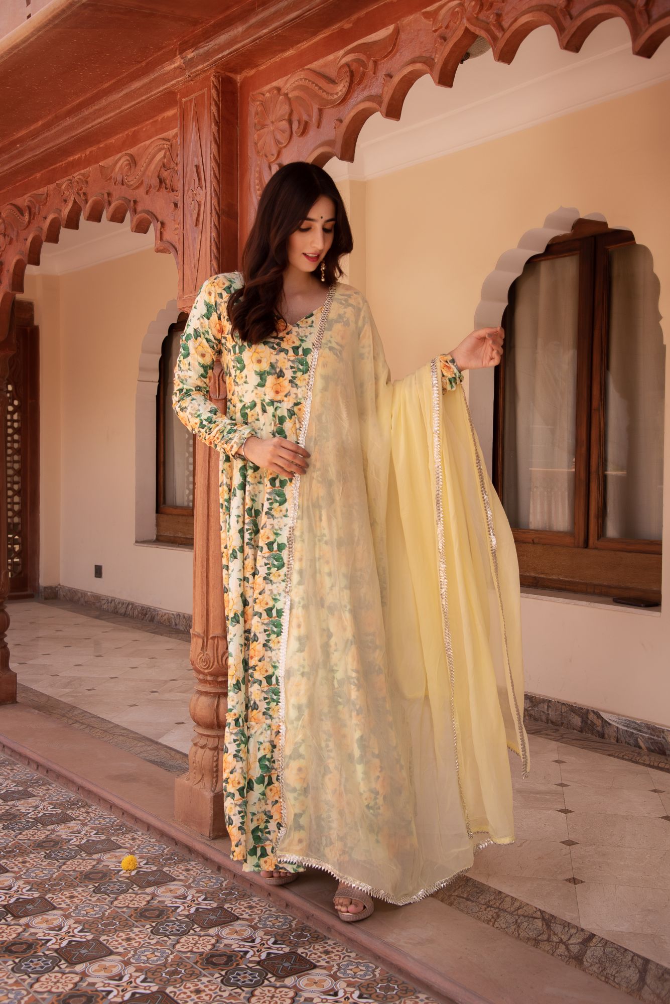 Yellow and Green Rayon Embroided Anarkali Suit Set