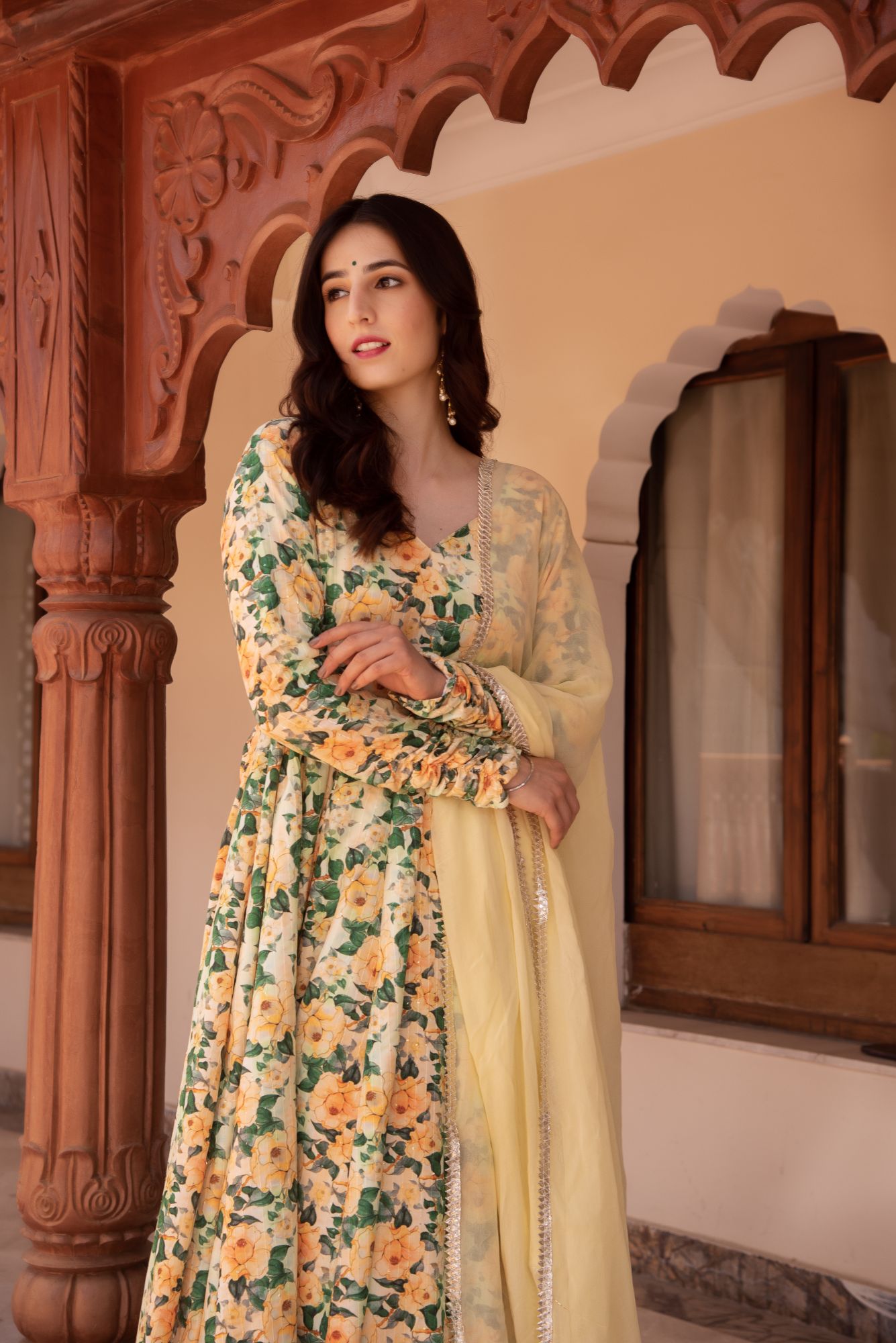 Yellow and Green Rayon Embroided Anarkali Suit Set
