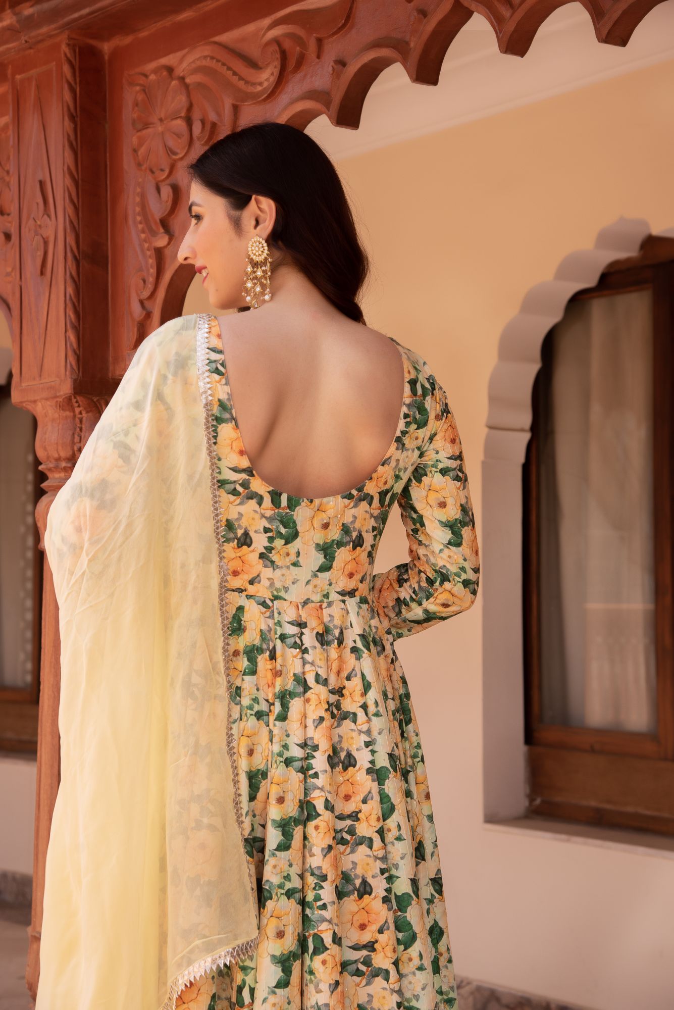 Yellow and Green Rayon Embroided Anarkali Suit Set